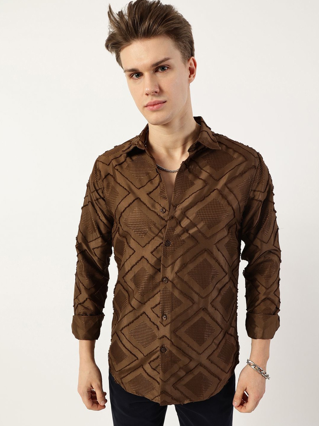 

Thomas Scott Men Premium Spread Collar Textured Slim Fit Casual Shirt, Brown