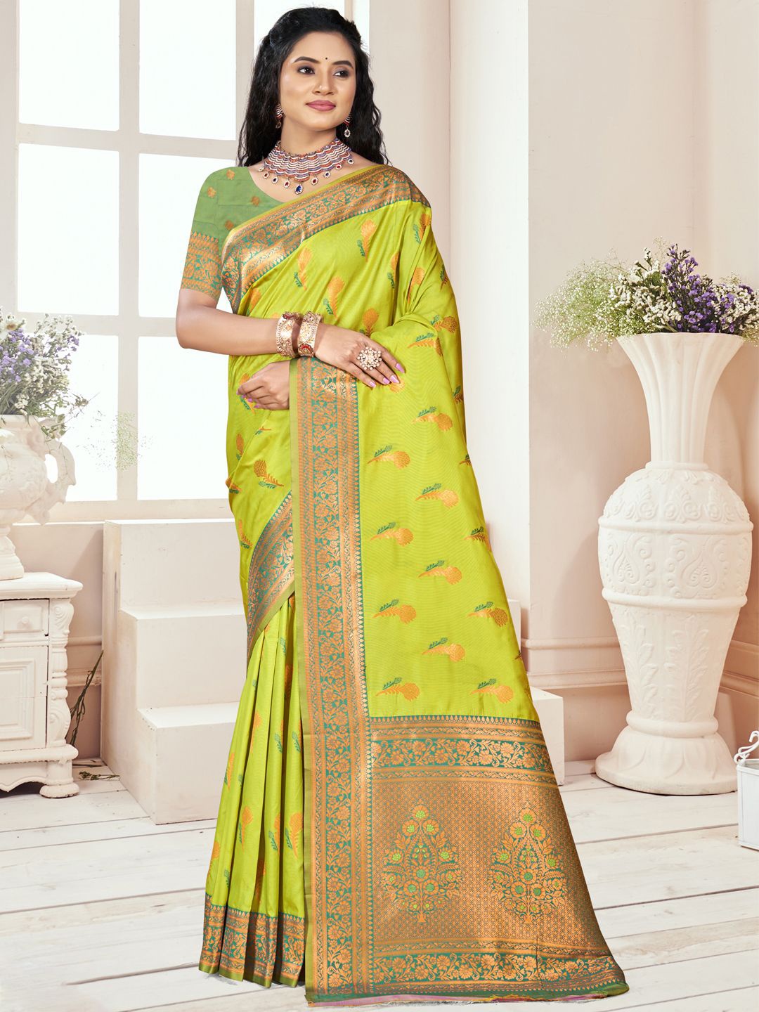 

SANGAM PRINTS Woven Design Zari Silk Blend Designer Tussar Saree, Sea green