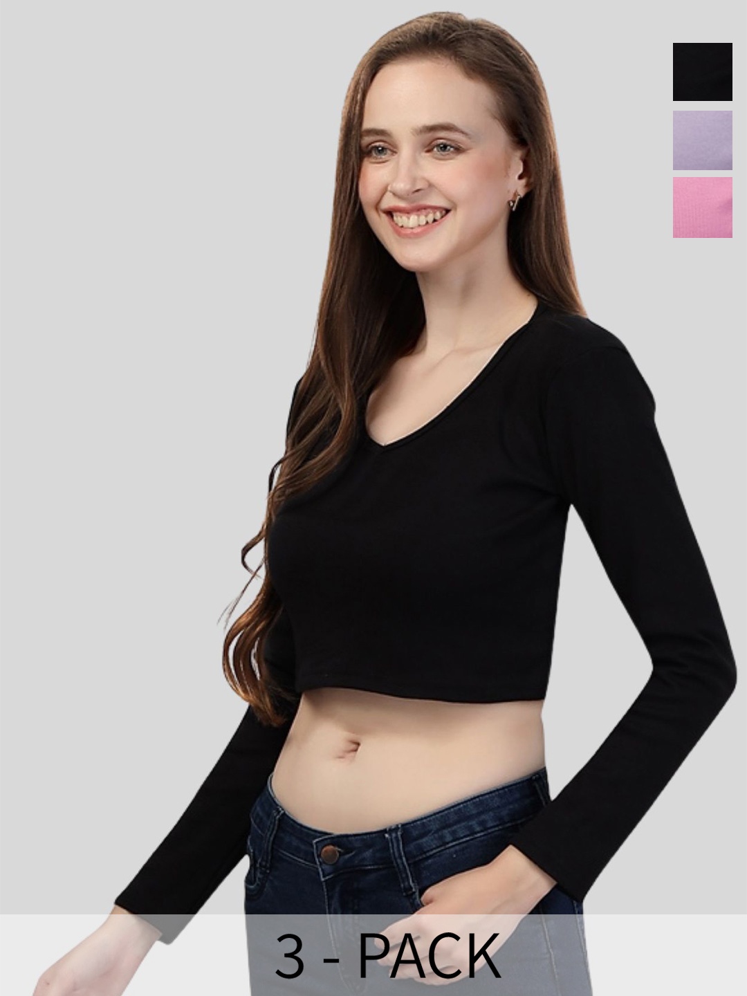 

Fabme Women Pack Of 3 Cotton Crop Top, Black