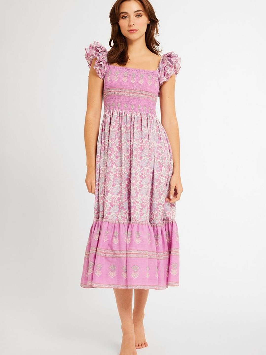 

LULU & SKY Women Floral Printed Flutter Sleeves A-Line Midi Dress, Pink