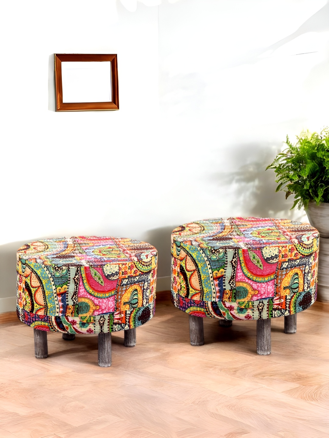 

Ikiriya 2-Pcs Yellow & Brown Embroidered Round Ottoman