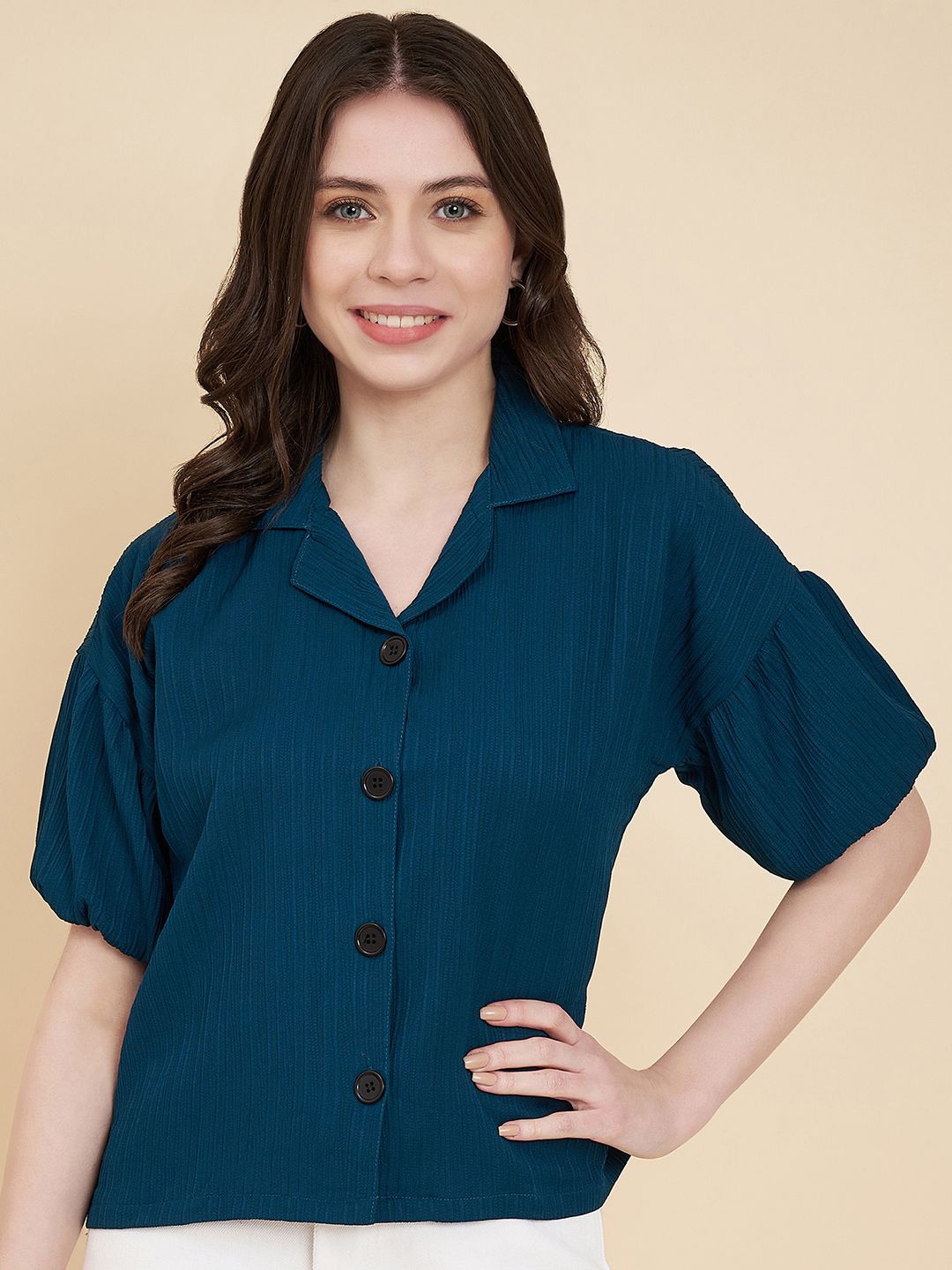 

HERE&NOW Women Classic Boxy Opaque Striped Casual Shirt, Teal