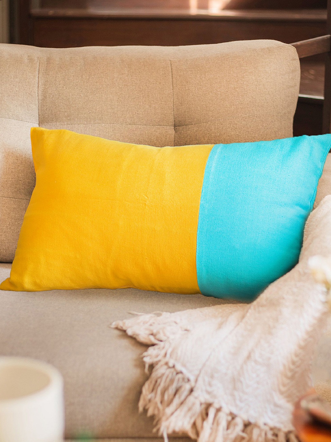 

10club Yellow & Blue Set of 2 Colourblocked Rectangle Cushion Covers