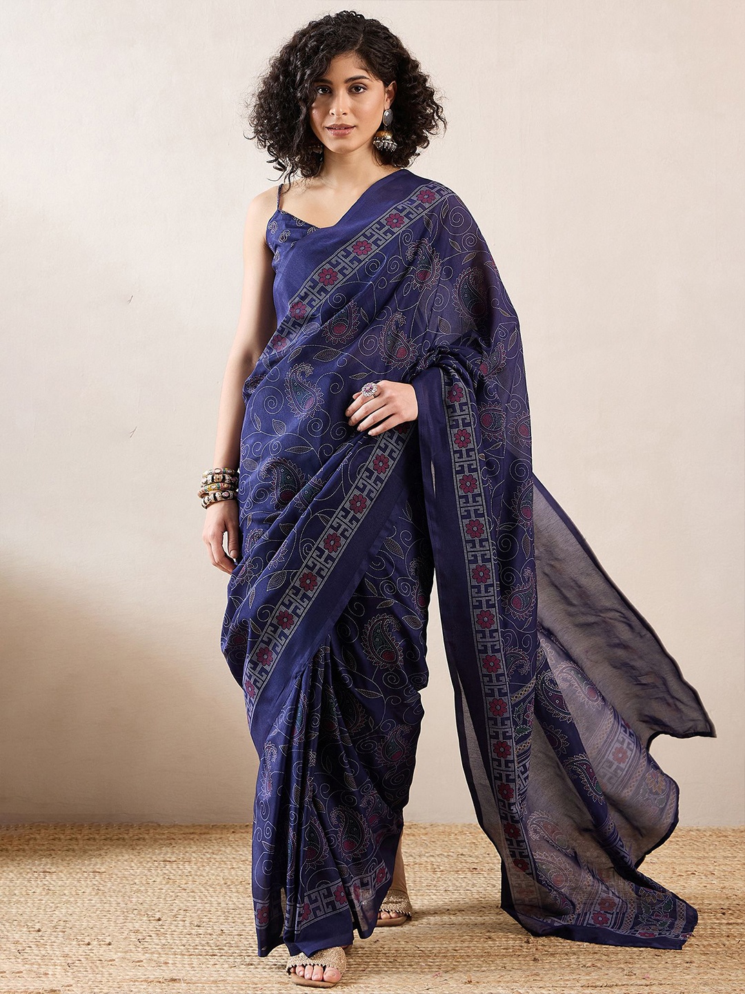 

Saree mall Ready to Wear Bagh Silk Blend Designer Baluchari Sarees, Navy blue