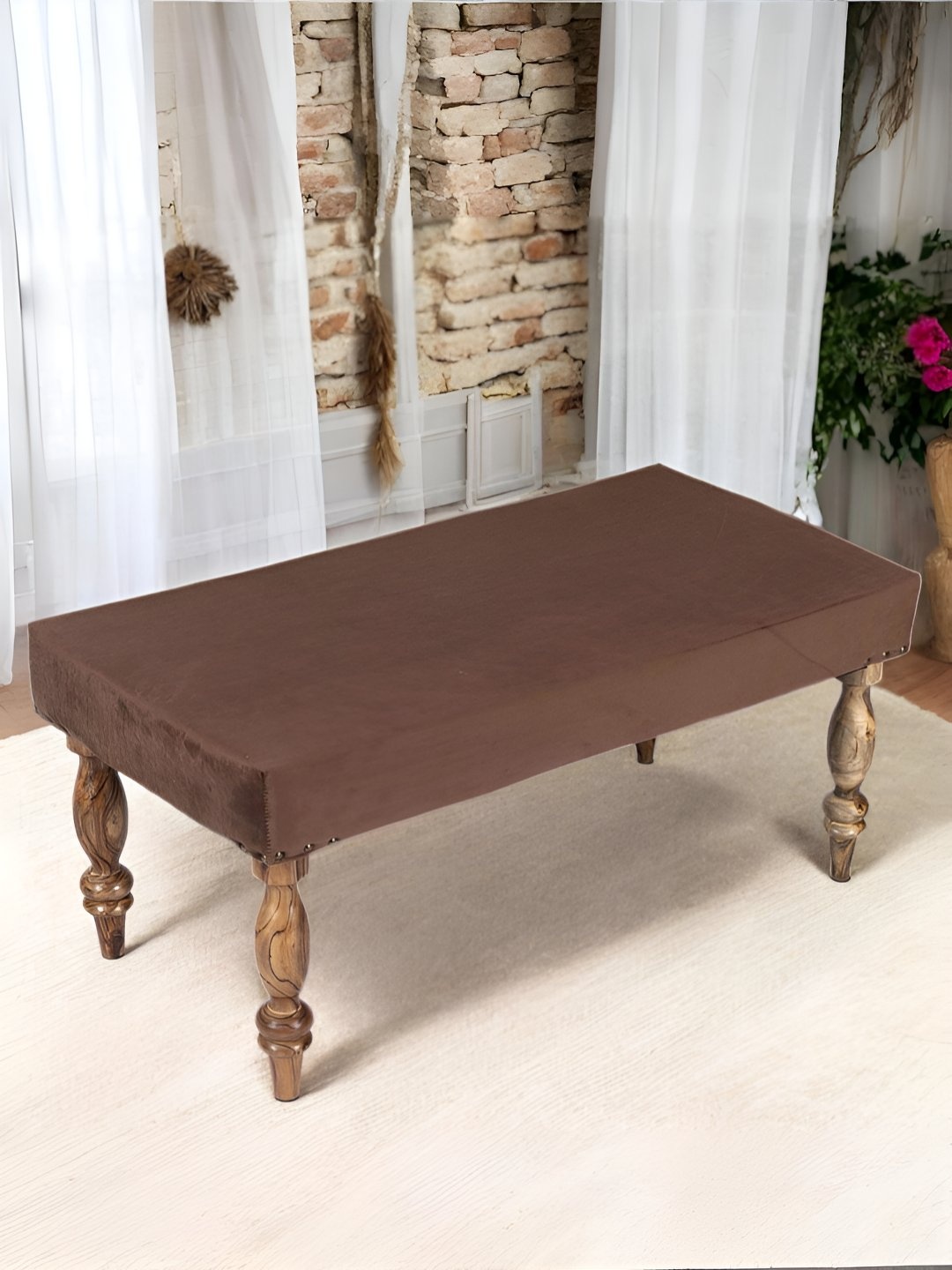 

Ikiriya Sheesham Wood Accent 2 Seater Bench in Taupe Brown Velvet