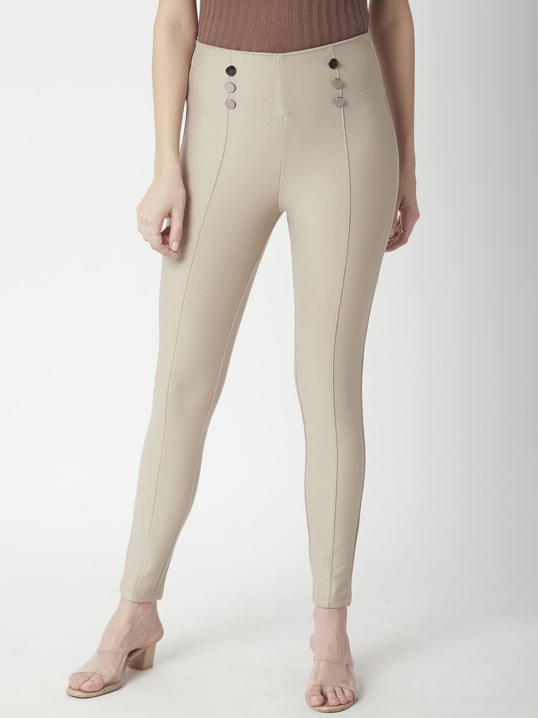 

R&B Women Skinny Fit Mid-Rise Trousers, Beige
