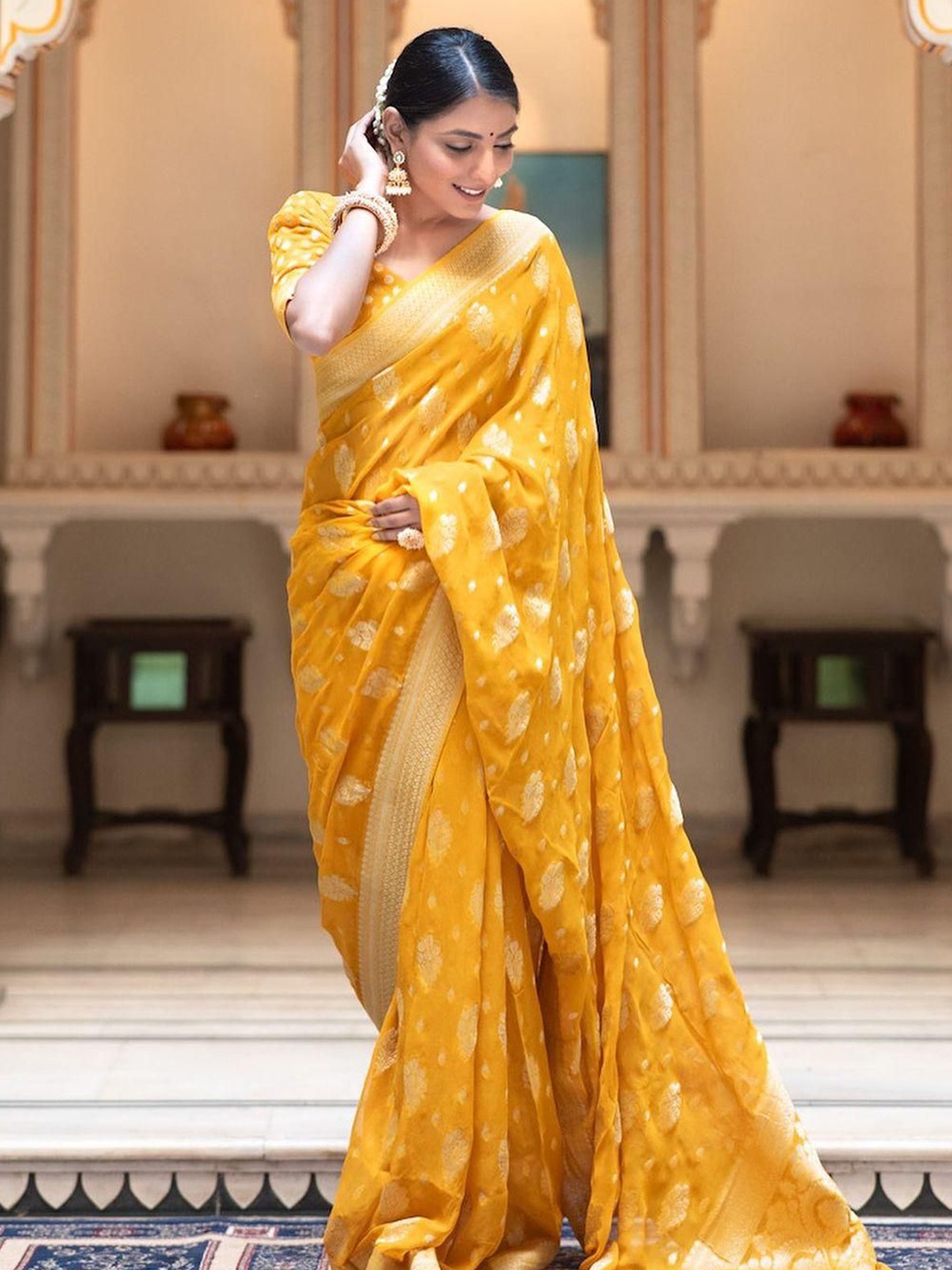 

Anouk Woven Design Zari Silk Blend Banarasi Saree, Yellow