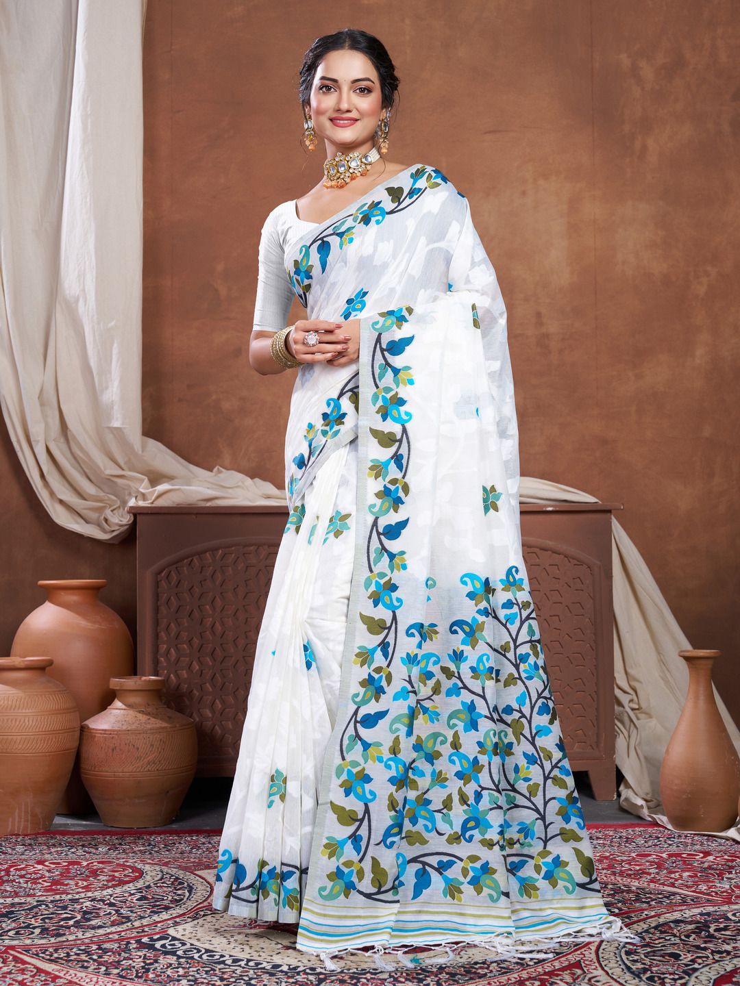 

ISHIKA FAB Woven Design Pure Cotton Jamdani Saree, White