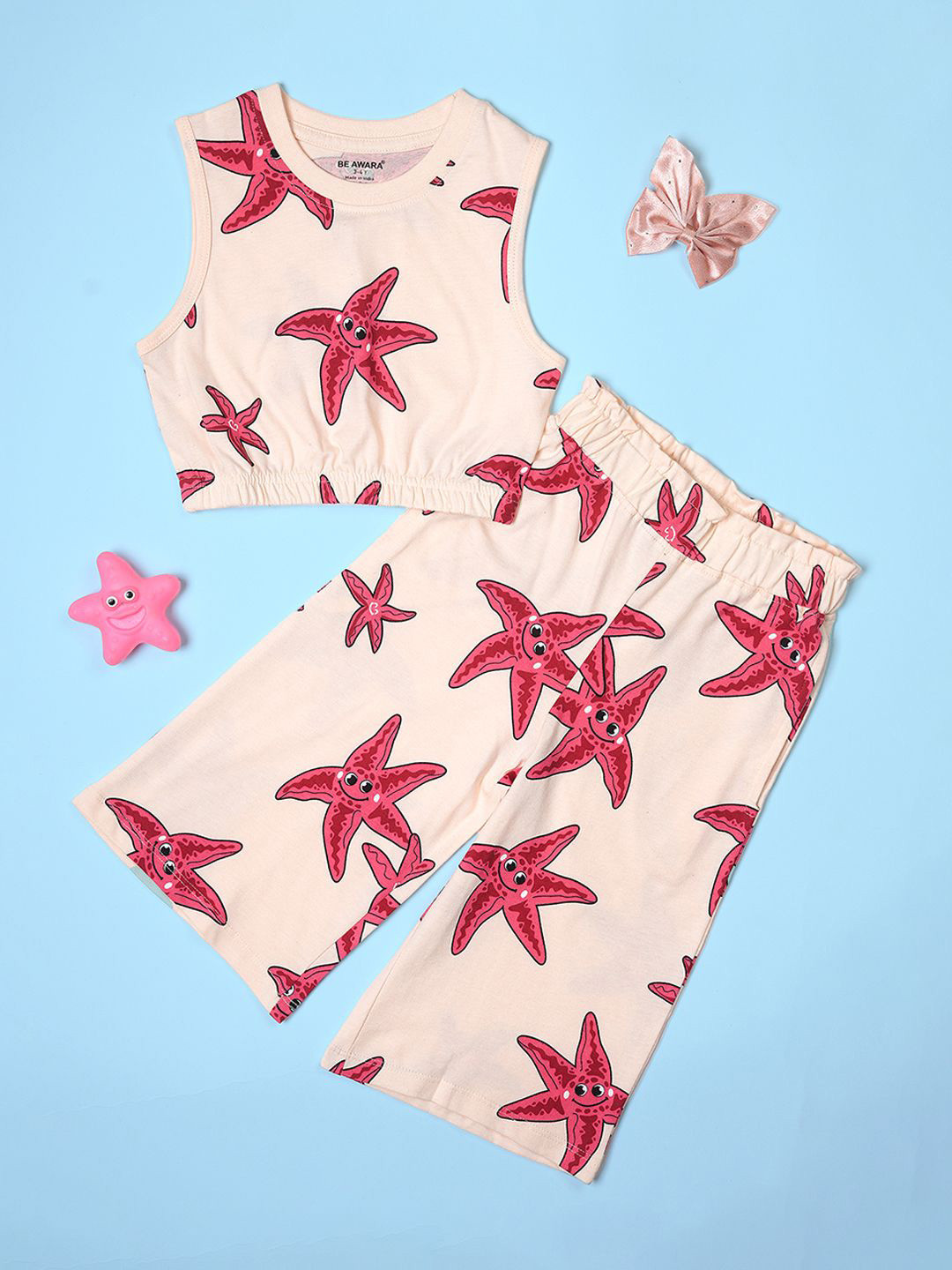

BE AWARA Girls Printed Top with Palazzos, Cream