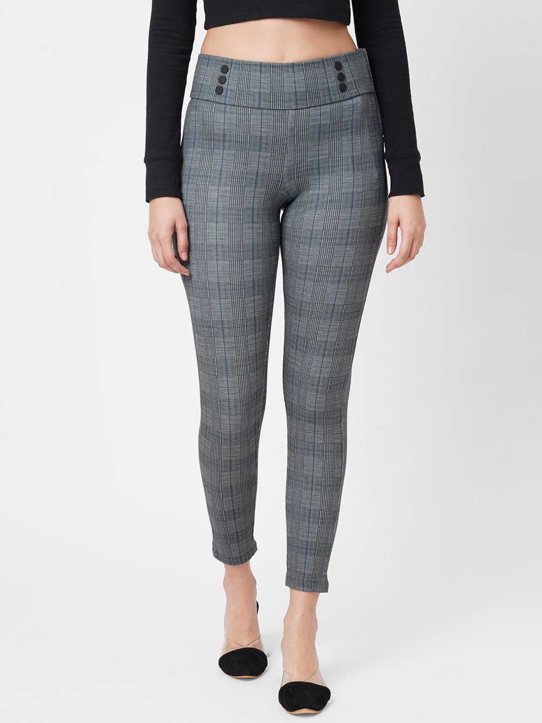 

Kraus Jeans Women Skinny Fit Checked Treggings, Grey