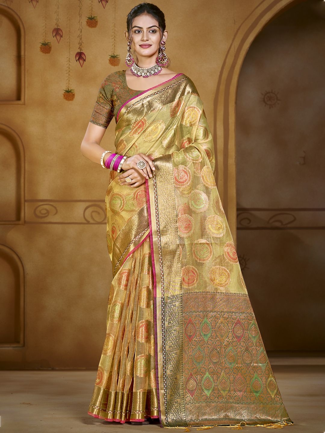 

SANGAM PRINTS Woven Design Zari Organza Designer Tussar Saree, Olive