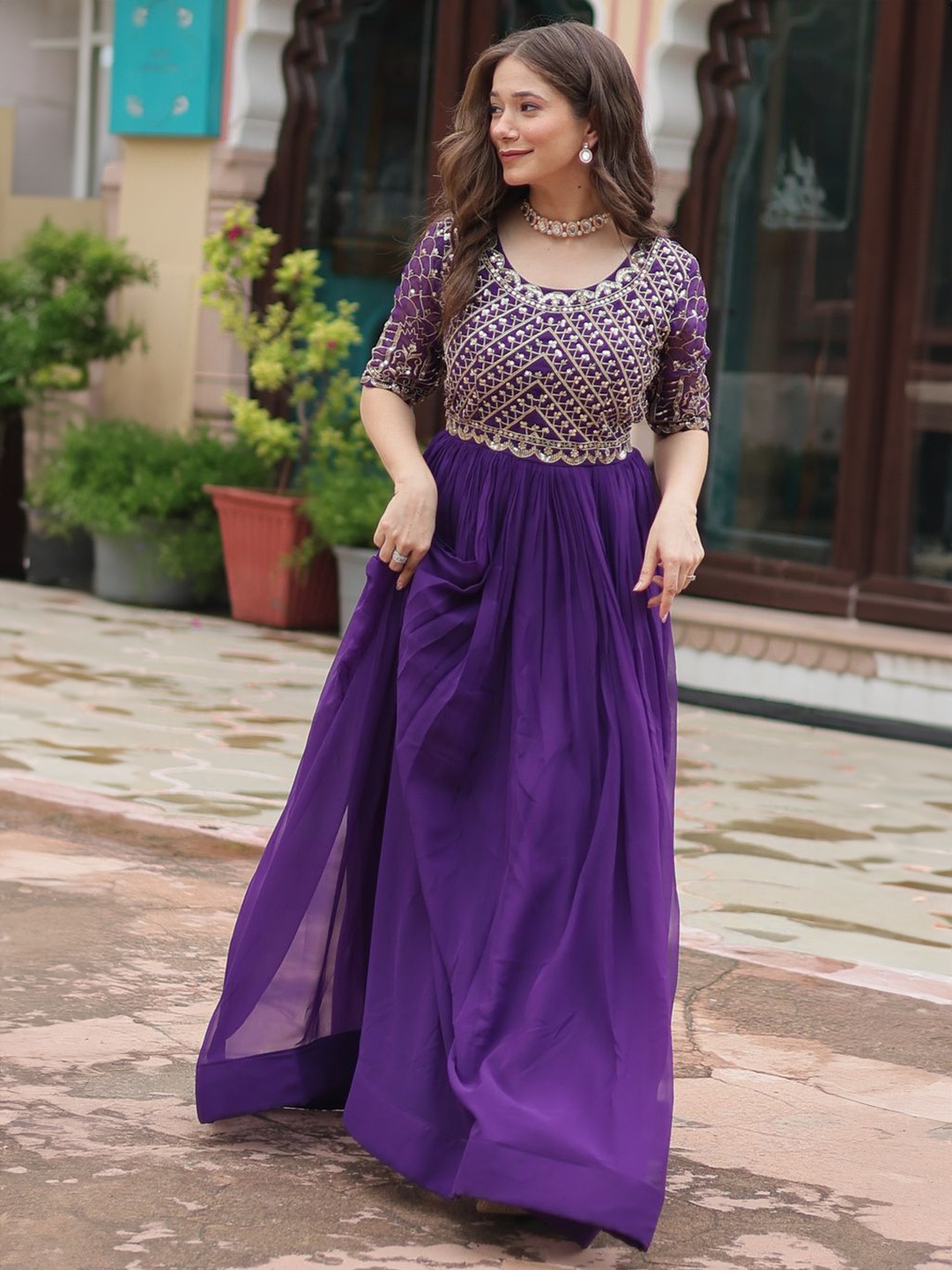 

Anara Georgette Embroidered Fit and Flare Maxi Dress, Purple