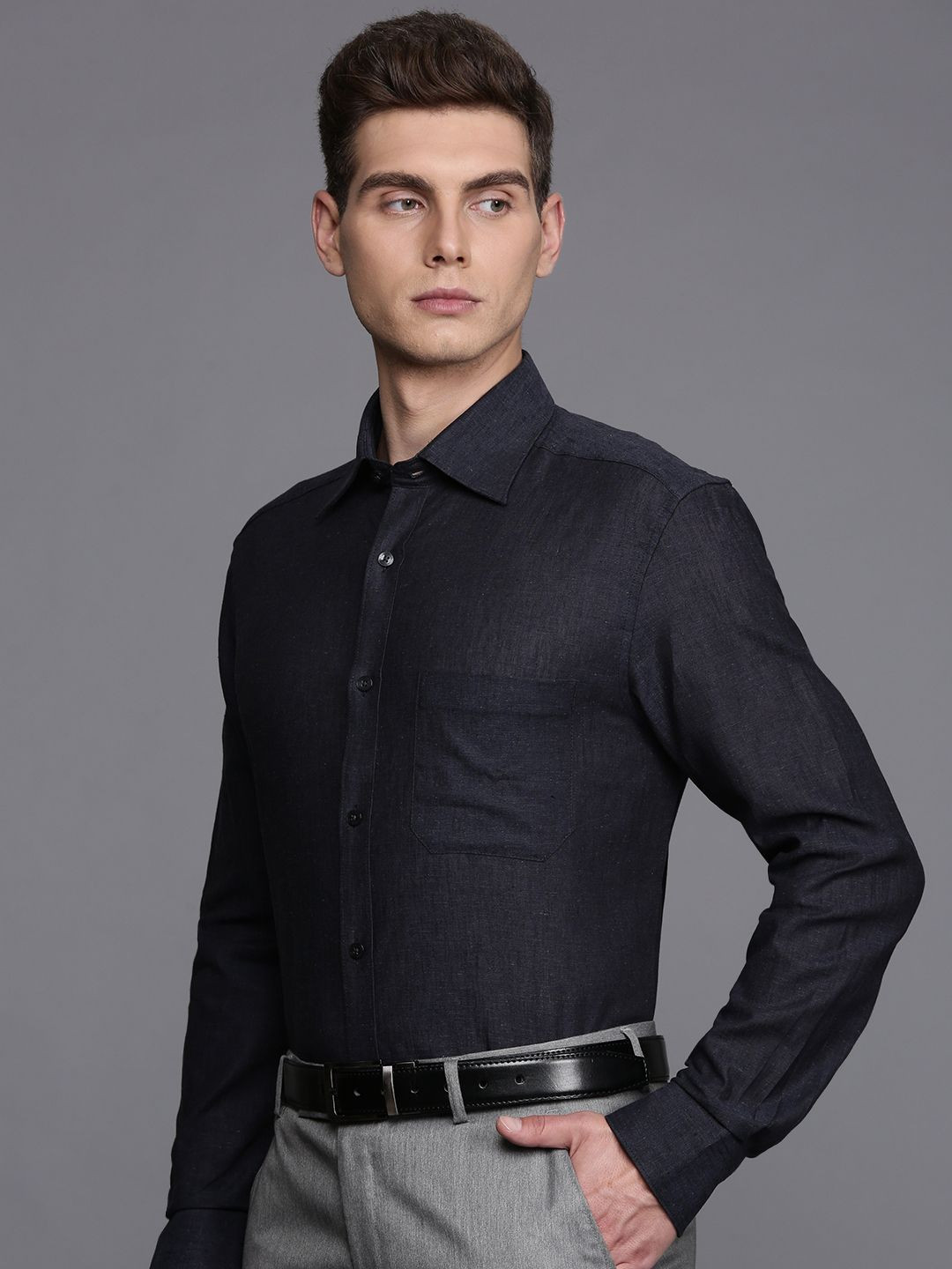 

Louis Philippe Self Design Classic Fit Opaque Linen Cotton Formal Shirt, Grey