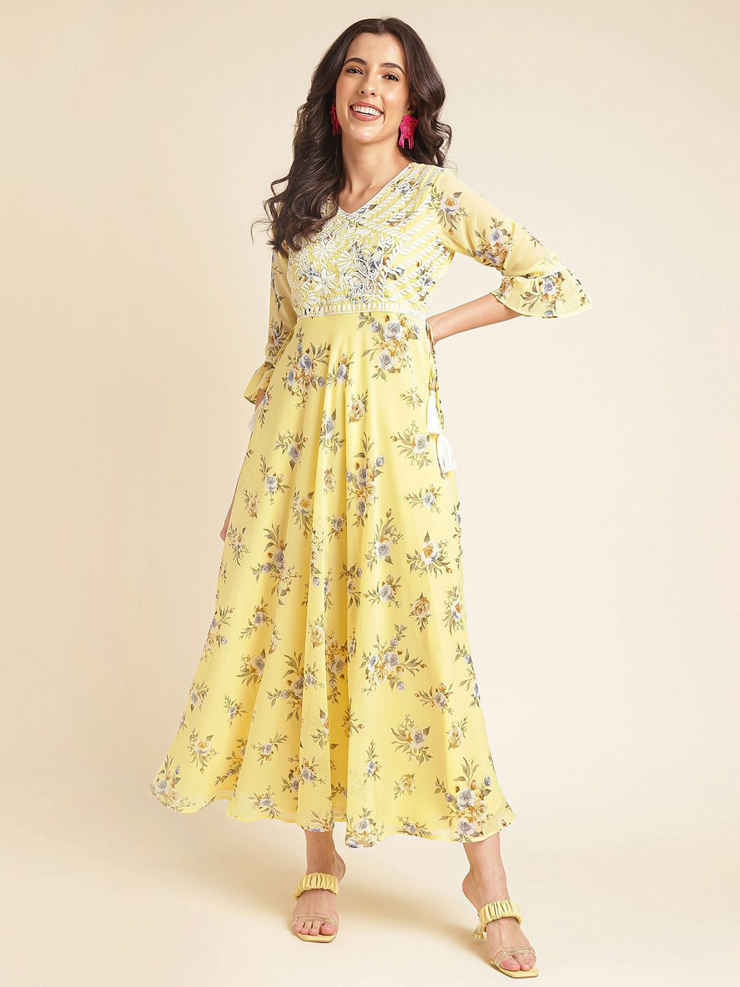 

all about you Embellished Embroidered Georgette Fit & Flare Maxi Dress, Yellow