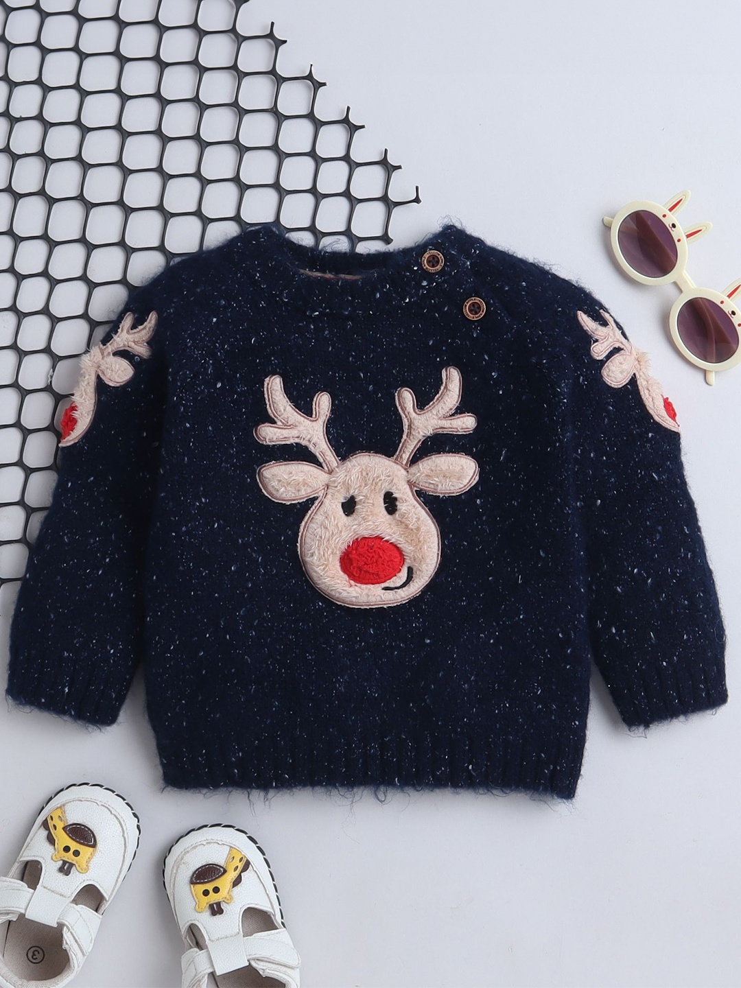 

Yellow Apple Boys Animal Woollen Pullover, Navy blue