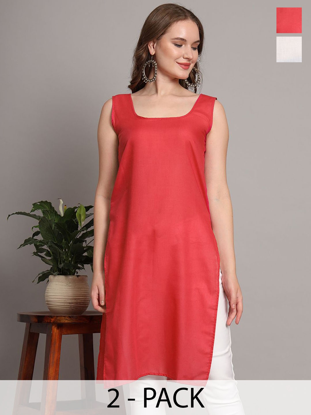 

The Chikan Label Pack Of 2 Cotton Sleeveless Long Slips, Coral
