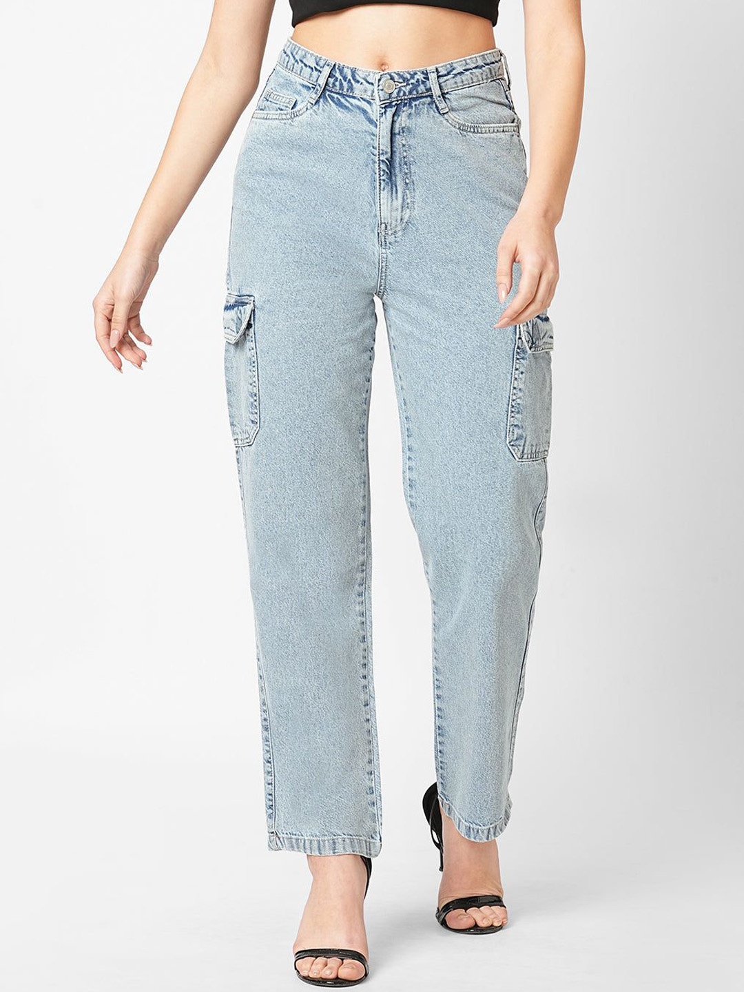 

Kraus Jeans Women Loose Fit High-Rise Cargos Trousers, Blue
