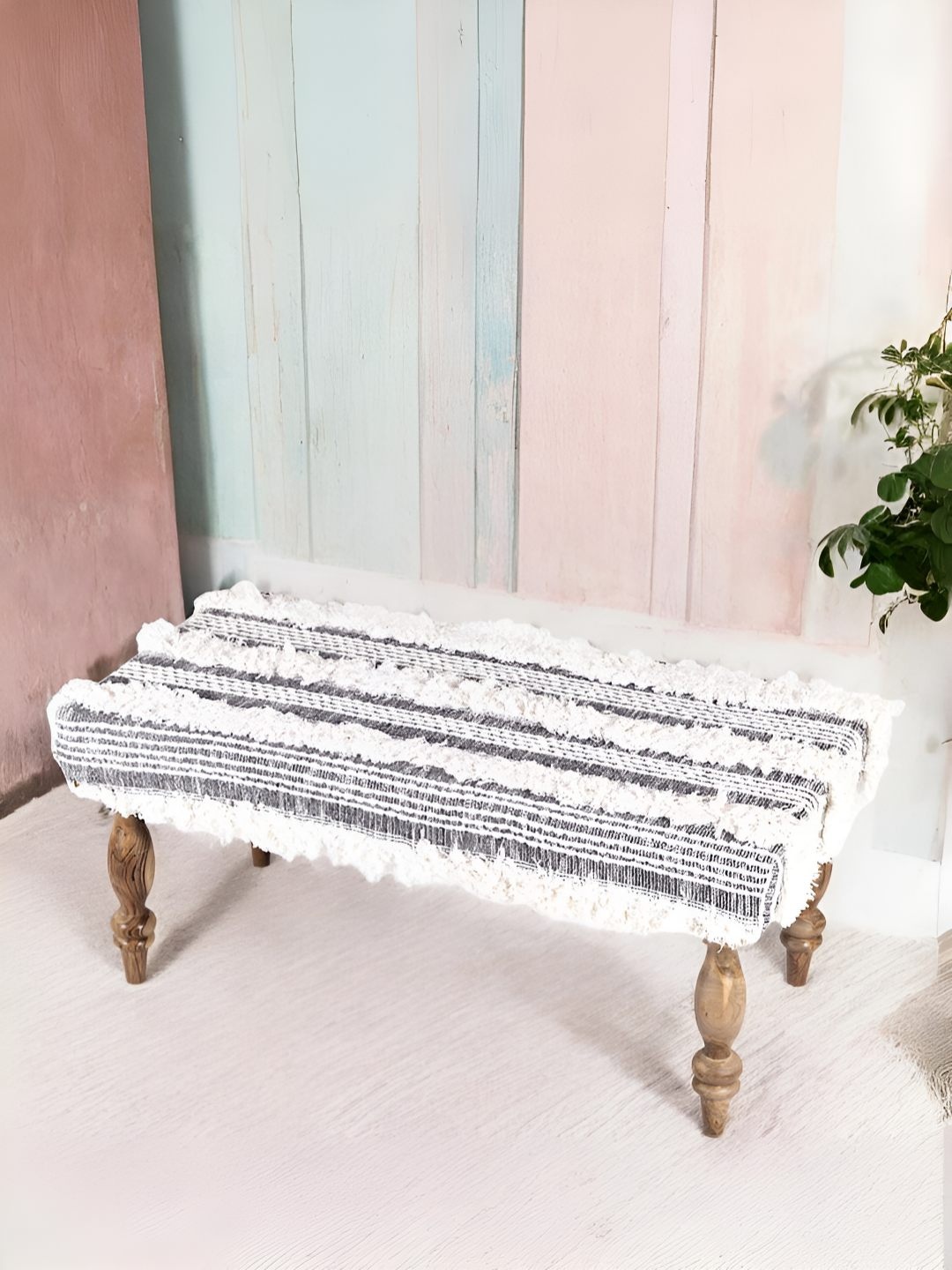 

Ikiriya Unisex Grey & White Wooden 2-Seated Tufted Bench