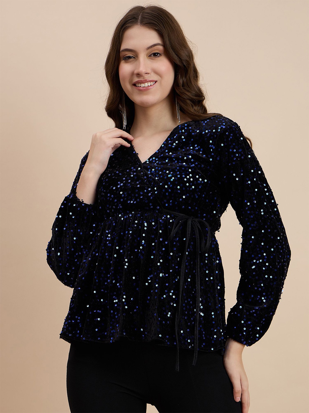 

DRAPE AND DAZZLE Polka Dot Puff Sleeve Velvet Empire Top, Blue