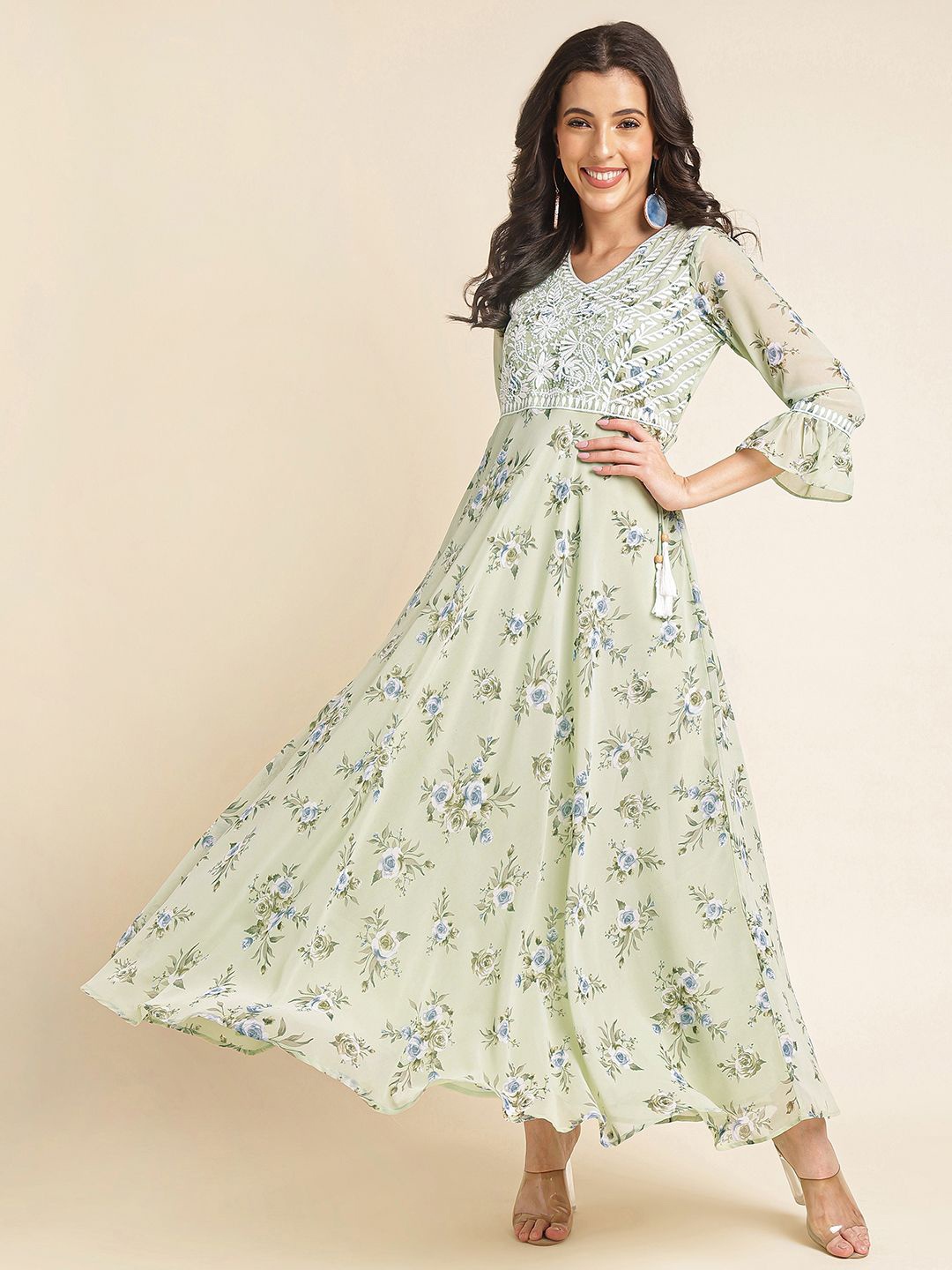 

all about you Embellished Embroidered Georgette Fit & Flare Maxi Dress, Green