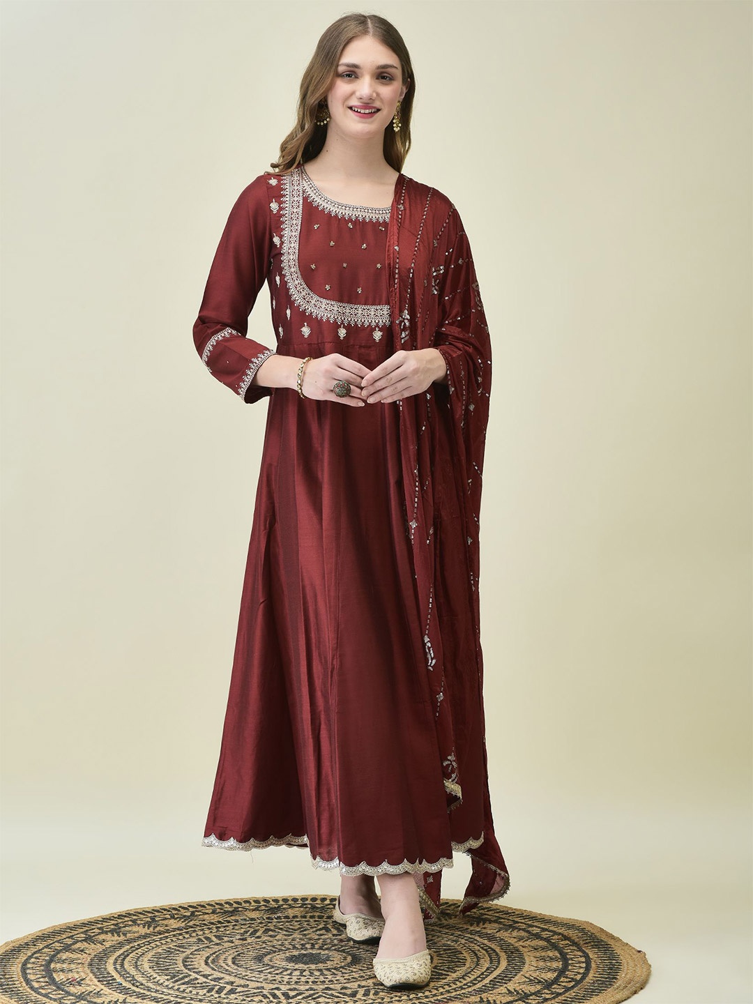 

Shree Women Embroidered Fit & Flare Maxi Ethnic Dress With Dupatta, Maroon