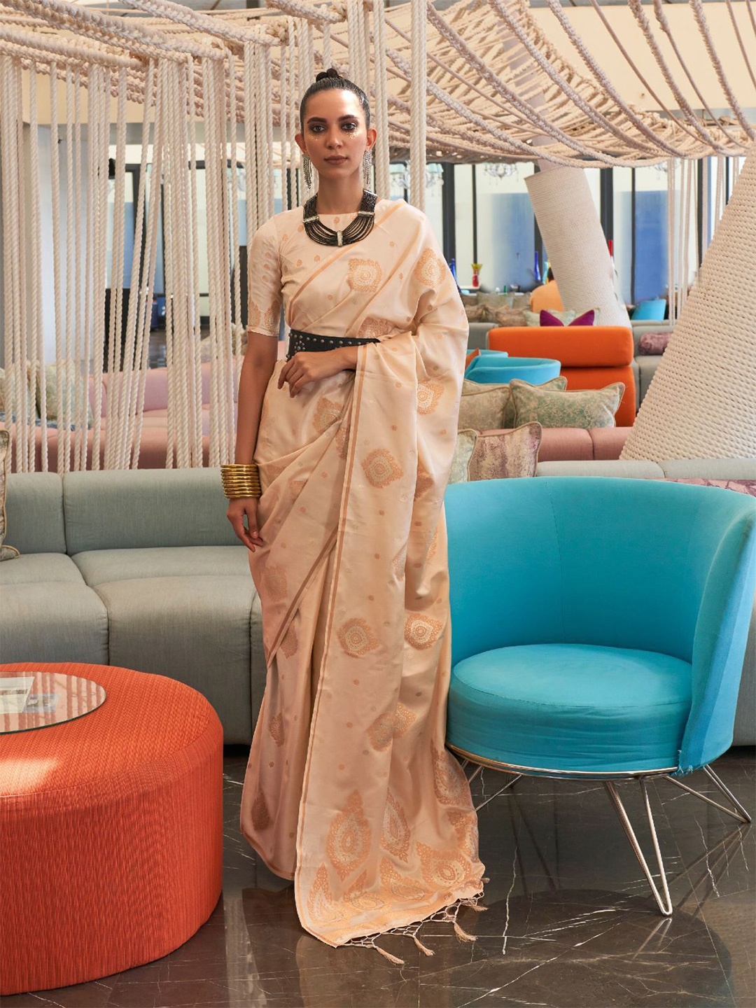 

ODETTE Woven Design Zari Silk Blend Saree, Beige