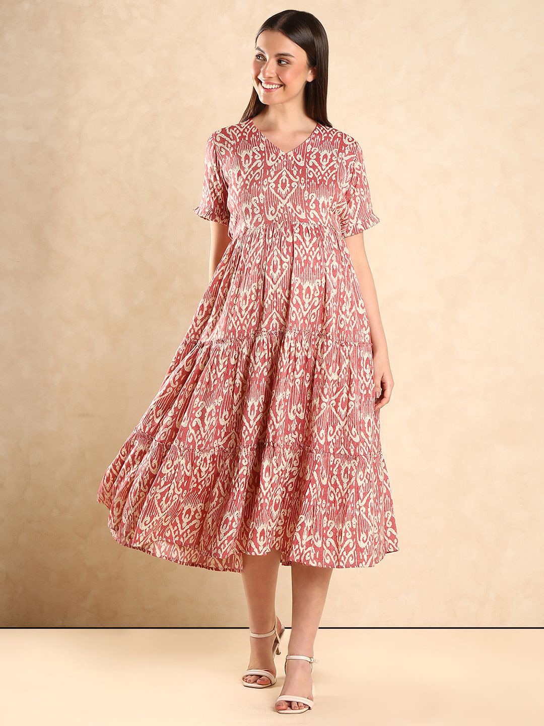 

Aanyor Ethnic Motifs Print Maternity Fit & Flare Maxi Dress, Pink