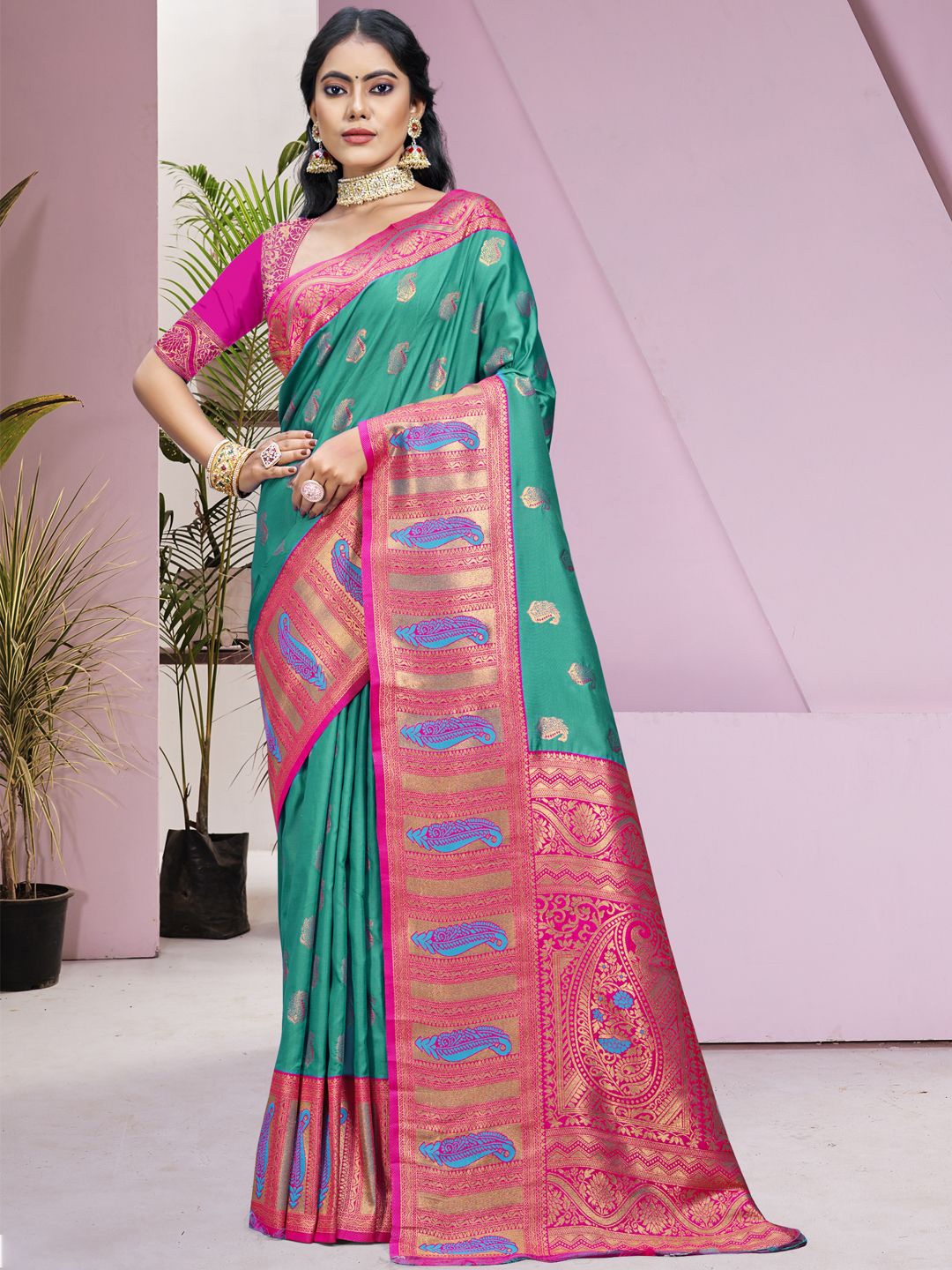 

SANGAM PRINTS Woven Design Silk Blend Designer Tussar Saree, Teal