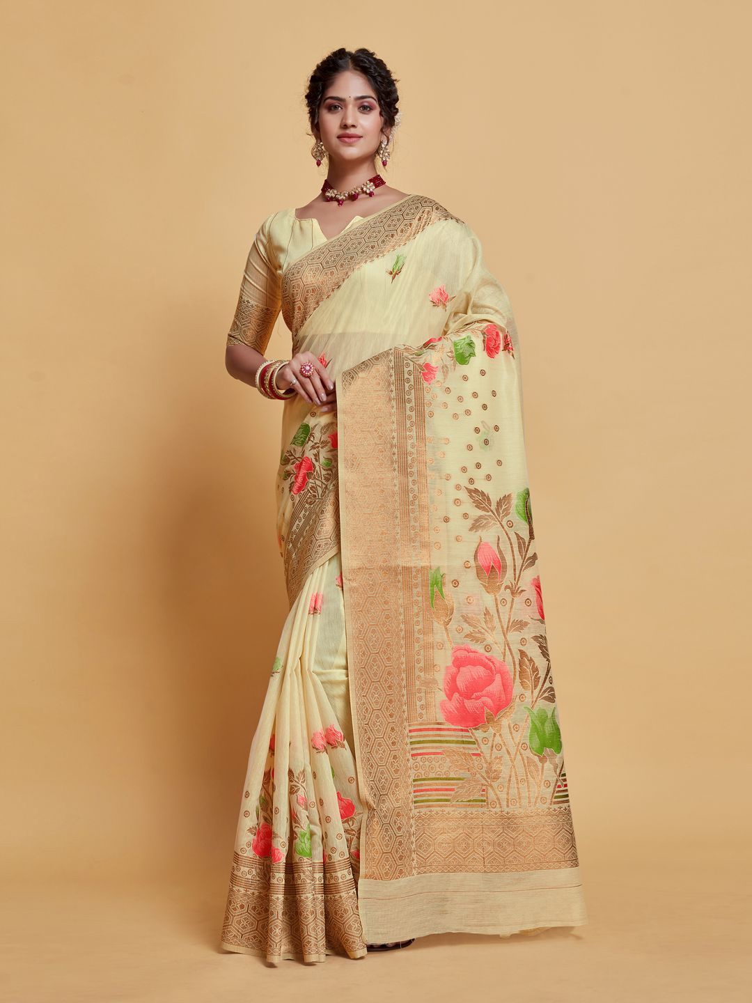 

ISHIKA FAB Floral Zari Silk Blend Saree, Beige