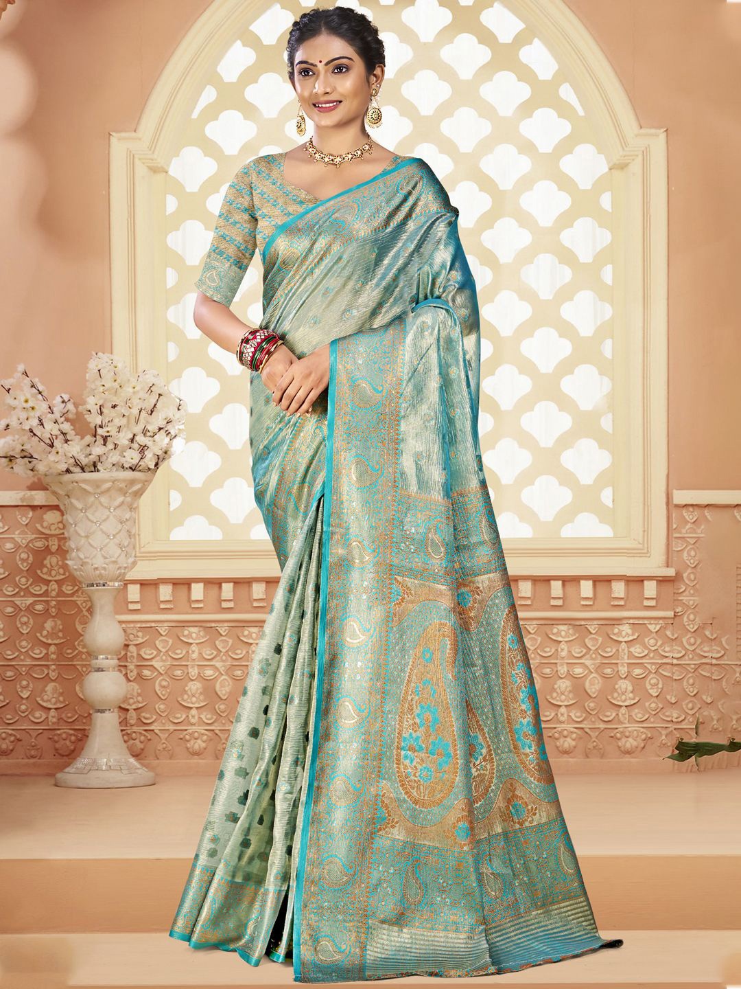 

SANGAM PRINTS Woven Design Zari Silk Blend Tussar Saree, Blue