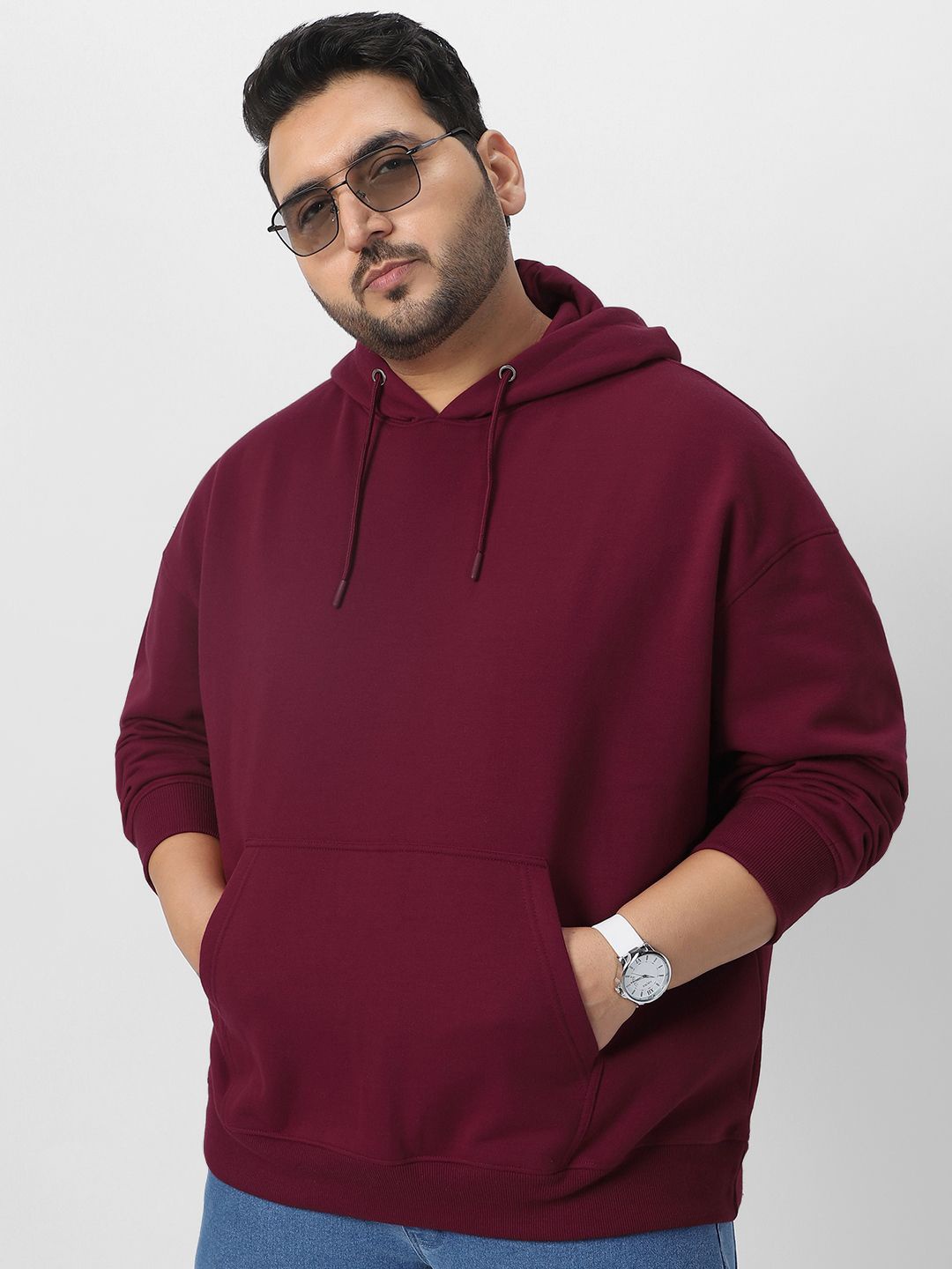 

Urbano Plus Men's Cotton Solid Oversized Hooded Neck Sweatshirt, Maroon
