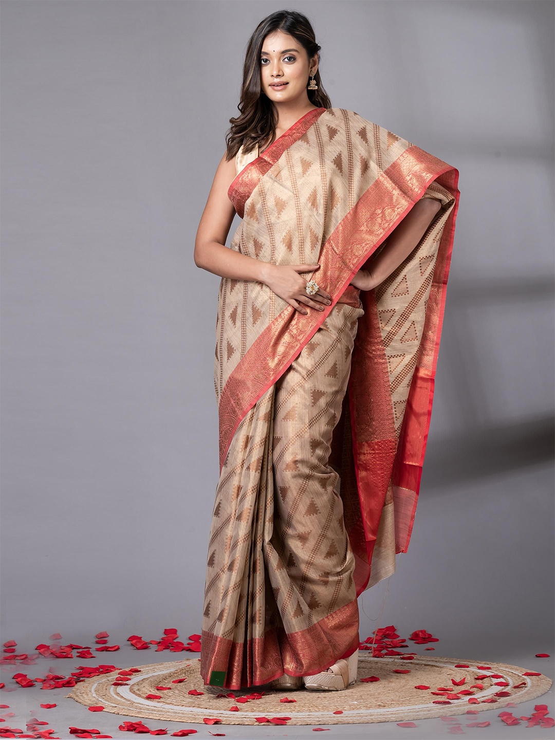 

VIBHAVARI Zari Silk Cotton Saree, Beige