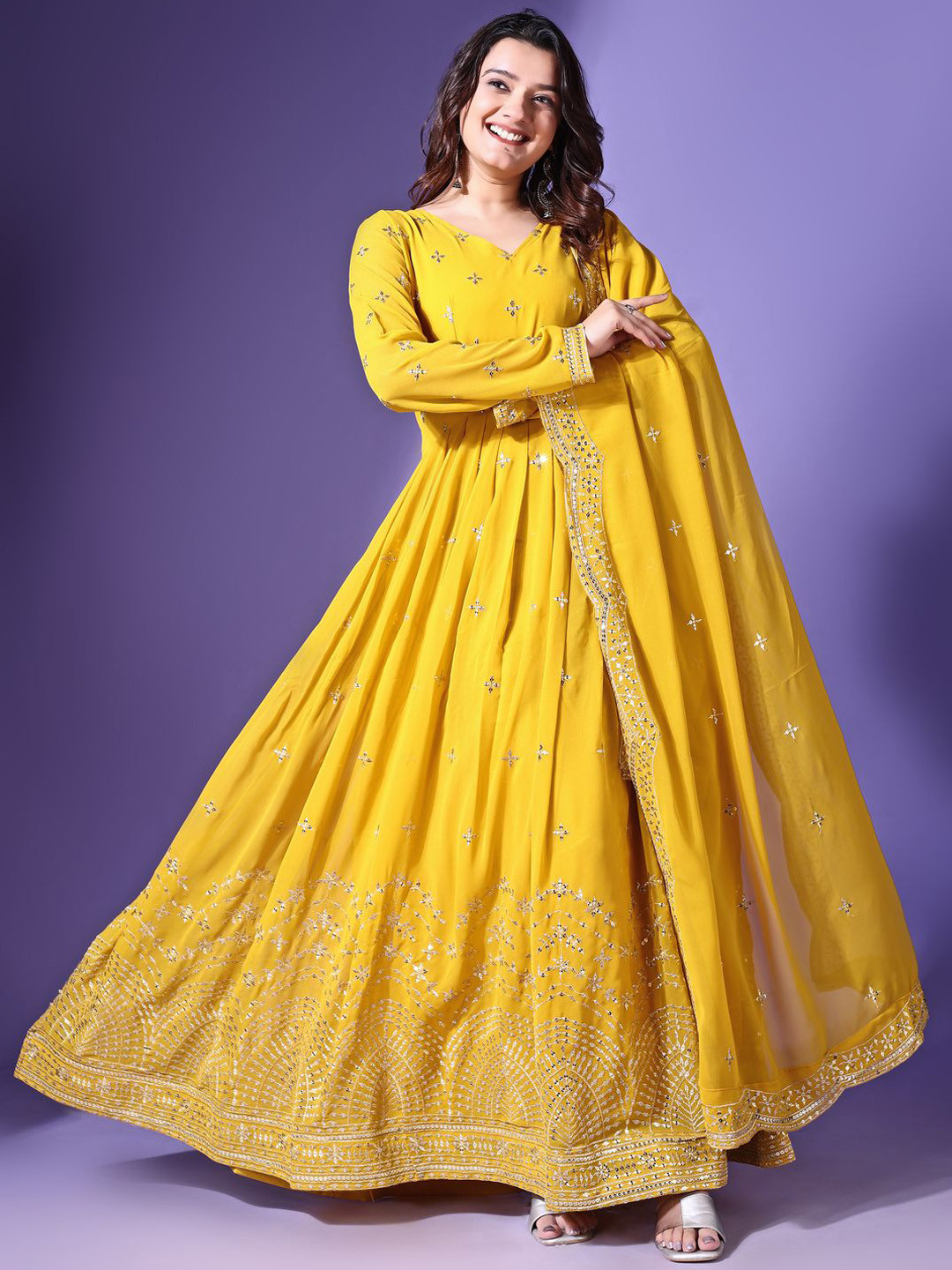 

YOYO Fashion Embroidered Fit & Flared Ethnic Dress, Yellow
