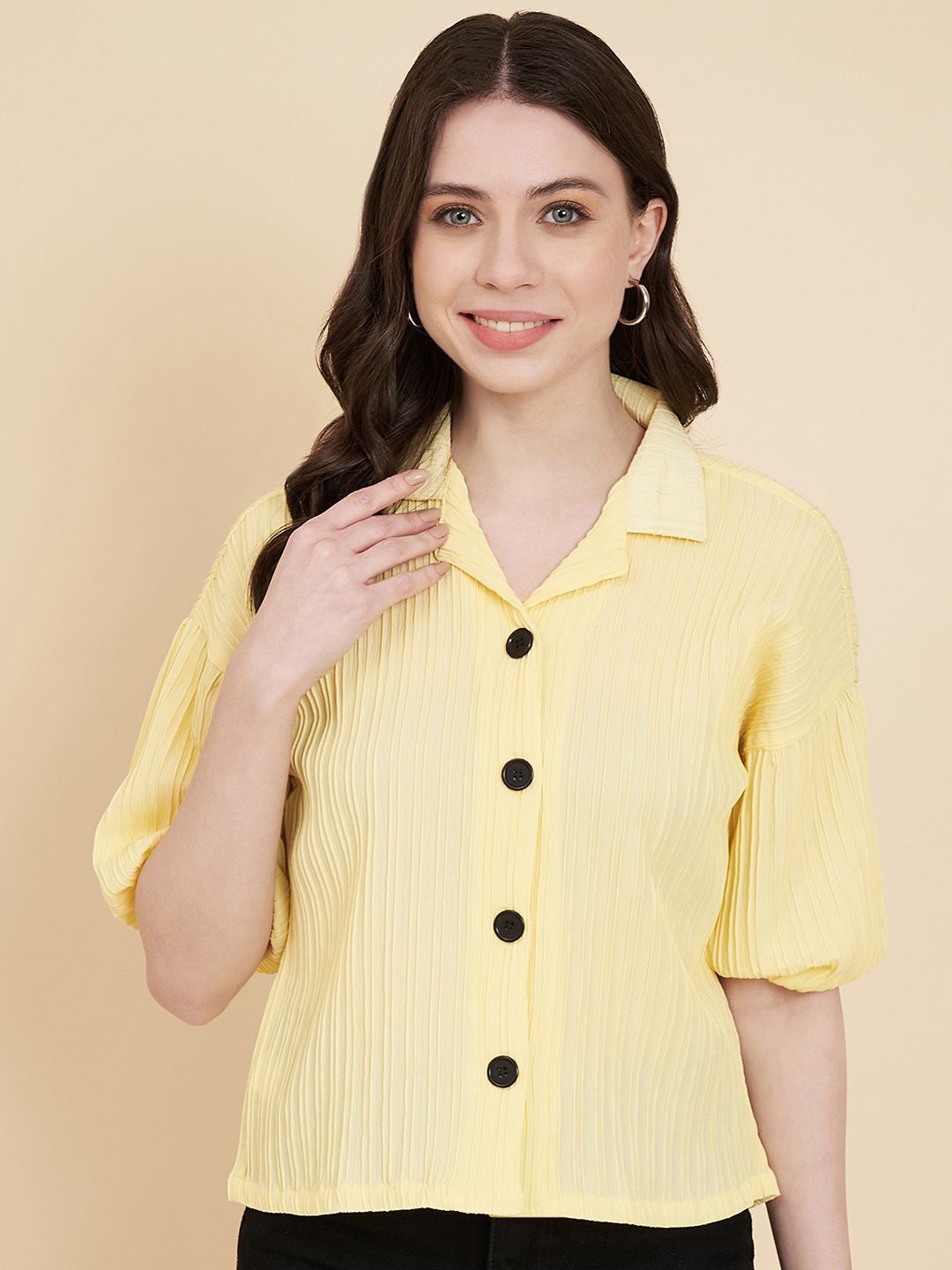 

HERE&NOW Women Classic Boxy Opaque Striped Casual Shirt, Yellow