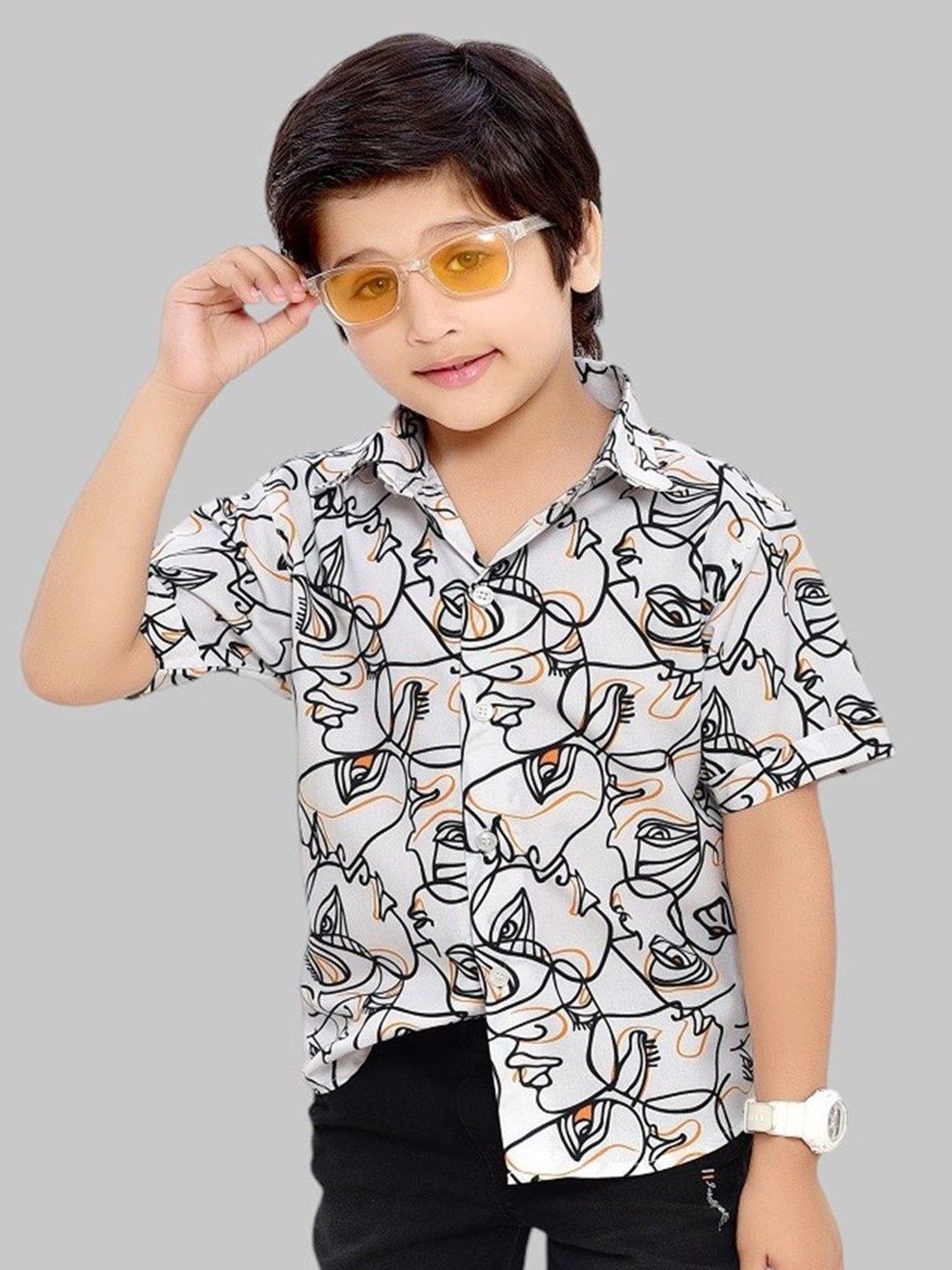 

BAESD Boys Comfort Spread Collar Abstract Printed Cotton Casual Shirt, White