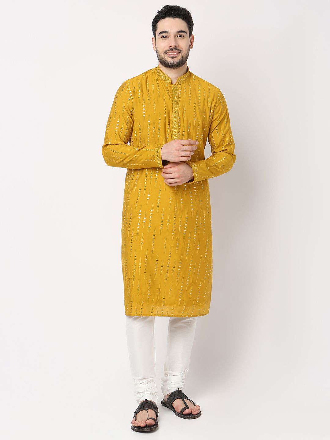 

Ethnicity Men Embroidered Regular Mirror Work Kurta with Pyjamas, Yellow