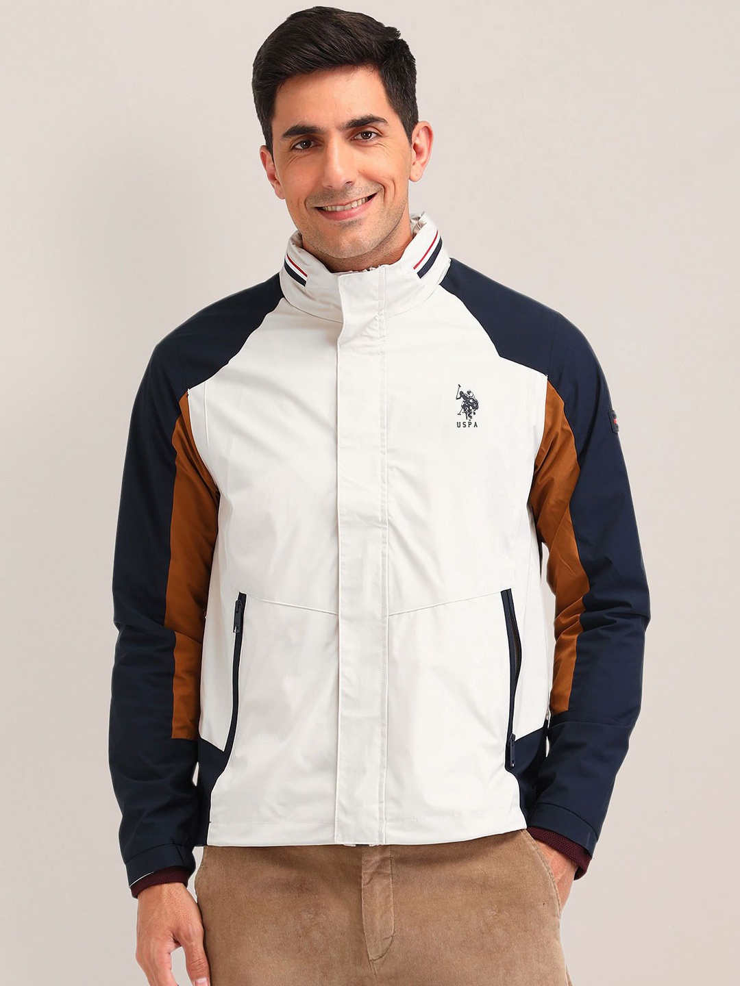 

U.S. Polo Assn. Men Colourblocked Longline Quilted Jacket, Beige