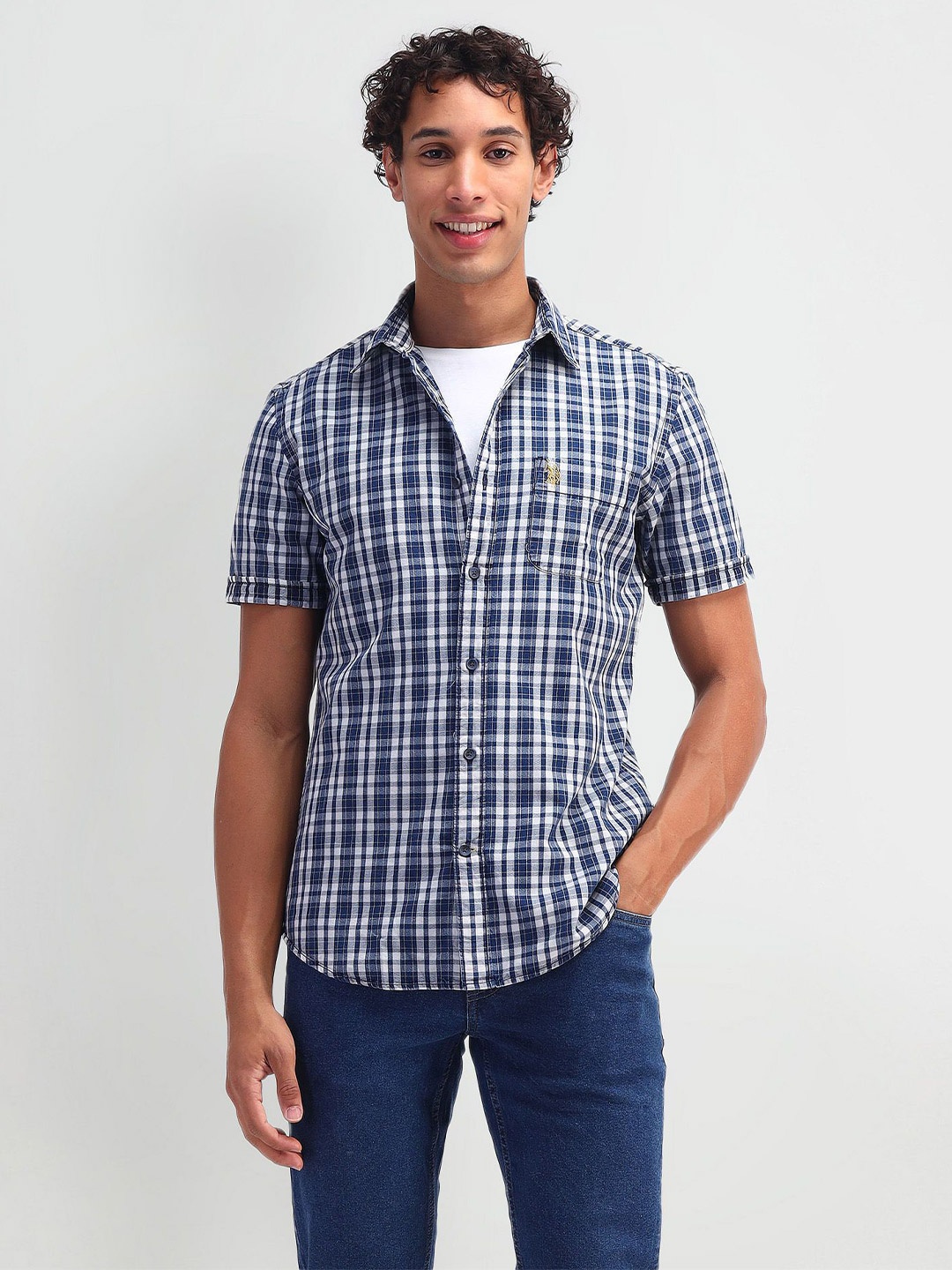 

U.S. Polo Assn. Denim Co. Men Spread Collar Micro Checked Cotton Slim Fit Casual Shirt, Blue