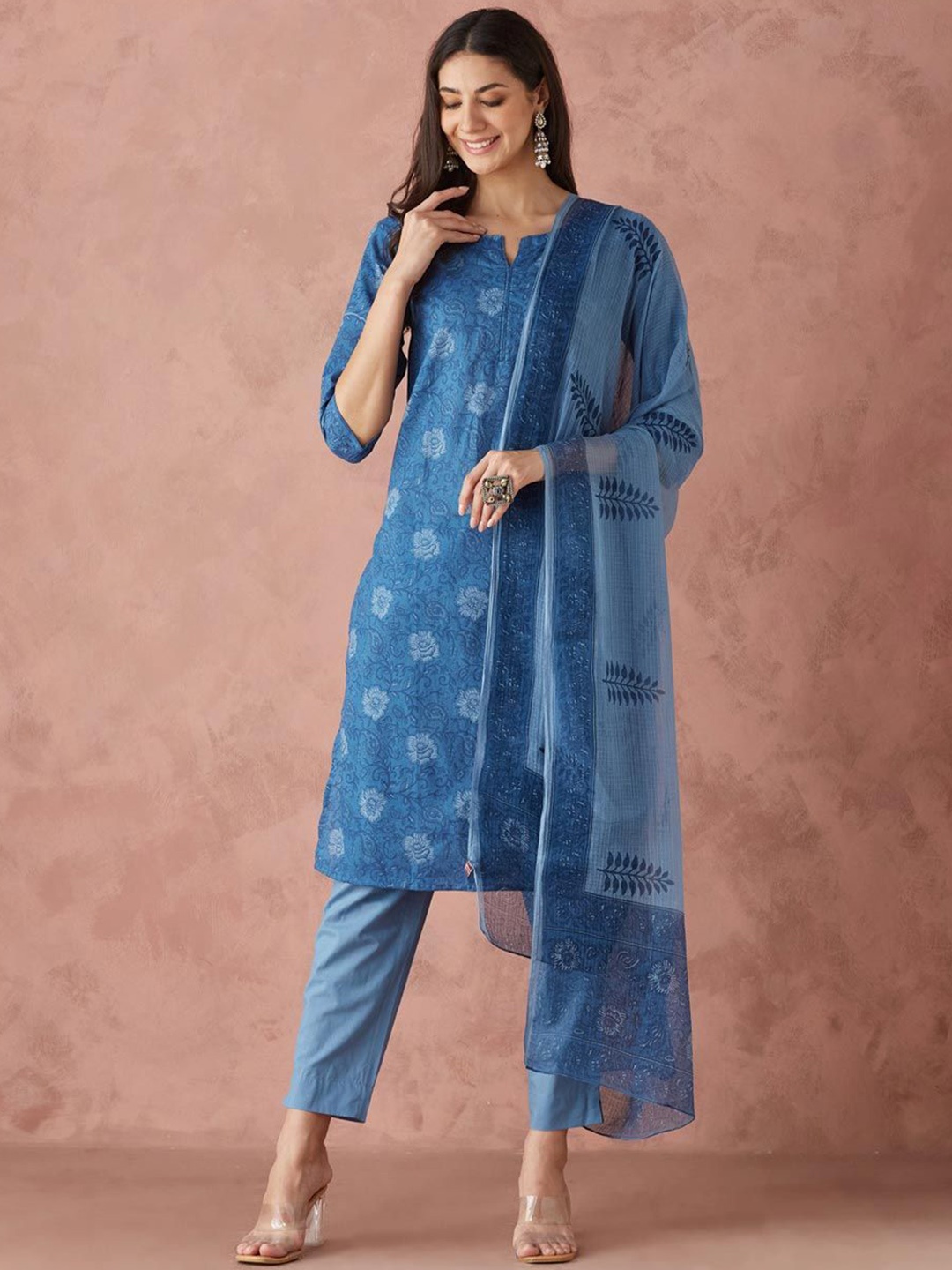 

Fabindia Women Printed Pure Cotton Kurta with Pyjamas & With Dupatta, Blue