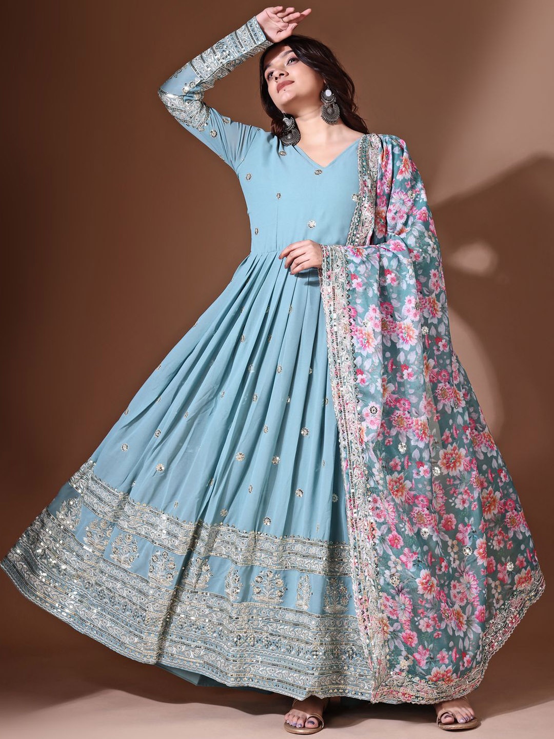 

Ethnic Yard Women Floral Printed Mirror Work Georgette Kurta, Blue