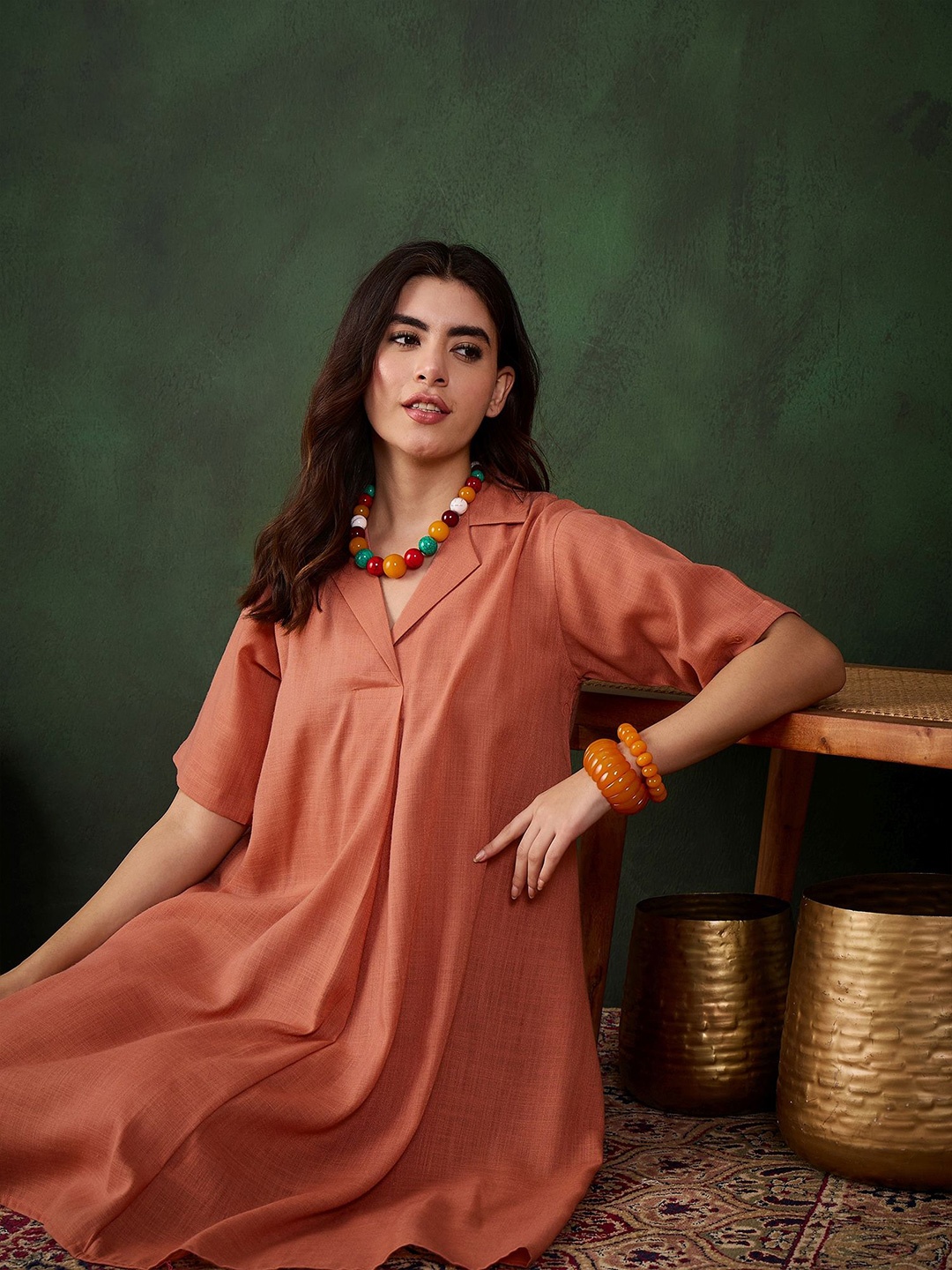 

Sangria Linen Fit & Flare Knee Length Dress, Rust