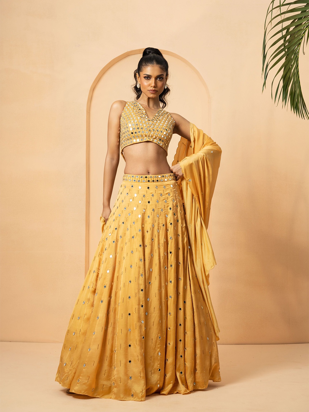 

Quench A Thirst Embroidered Mirror Work Ready to Wear Lehenga & Semi-Stitched Blouse With Dupatta, Gold