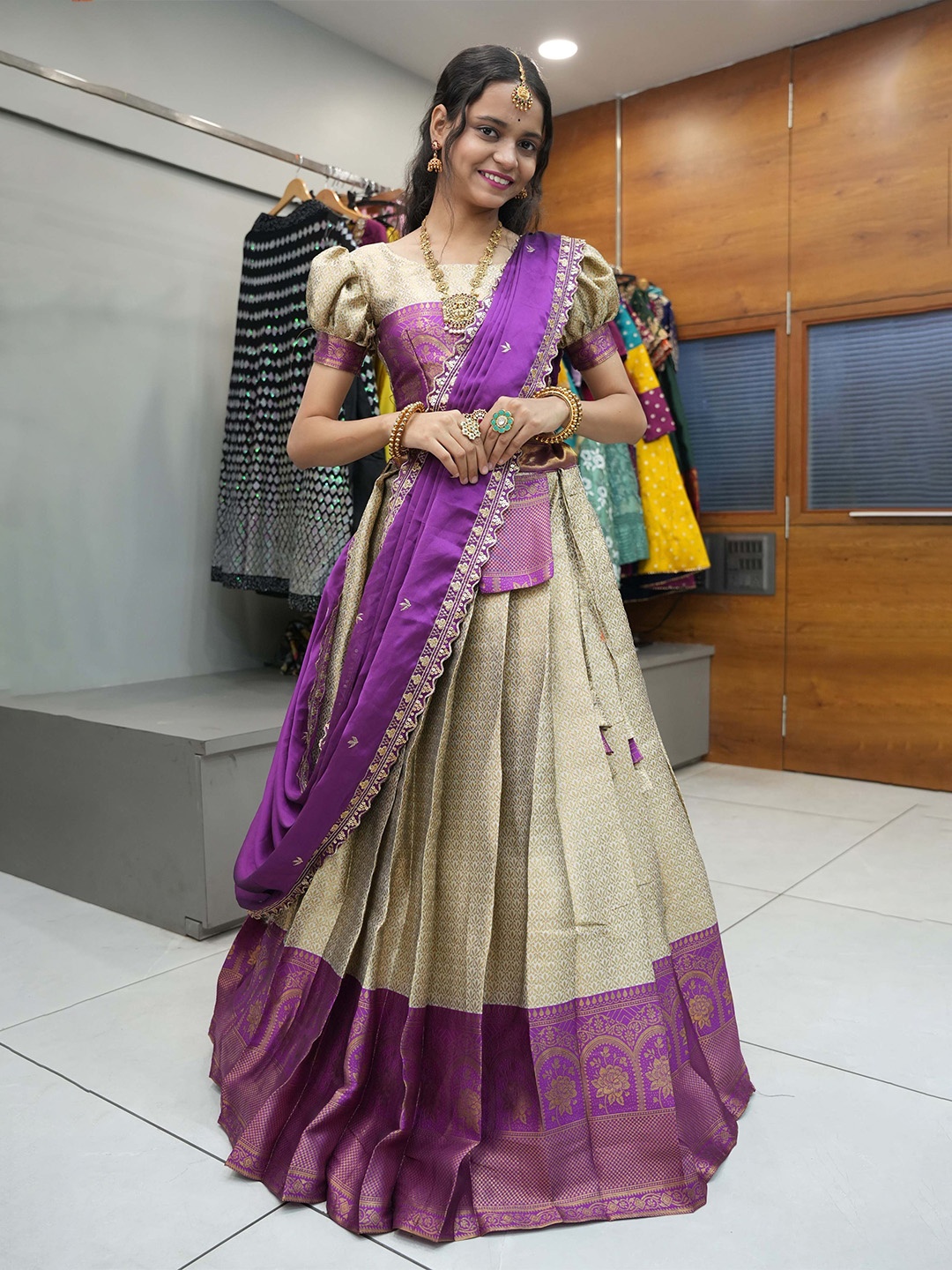 

Fabcartz Semi-Stitched Lehenga & Unstitched Blouse With Dupatta, Purple