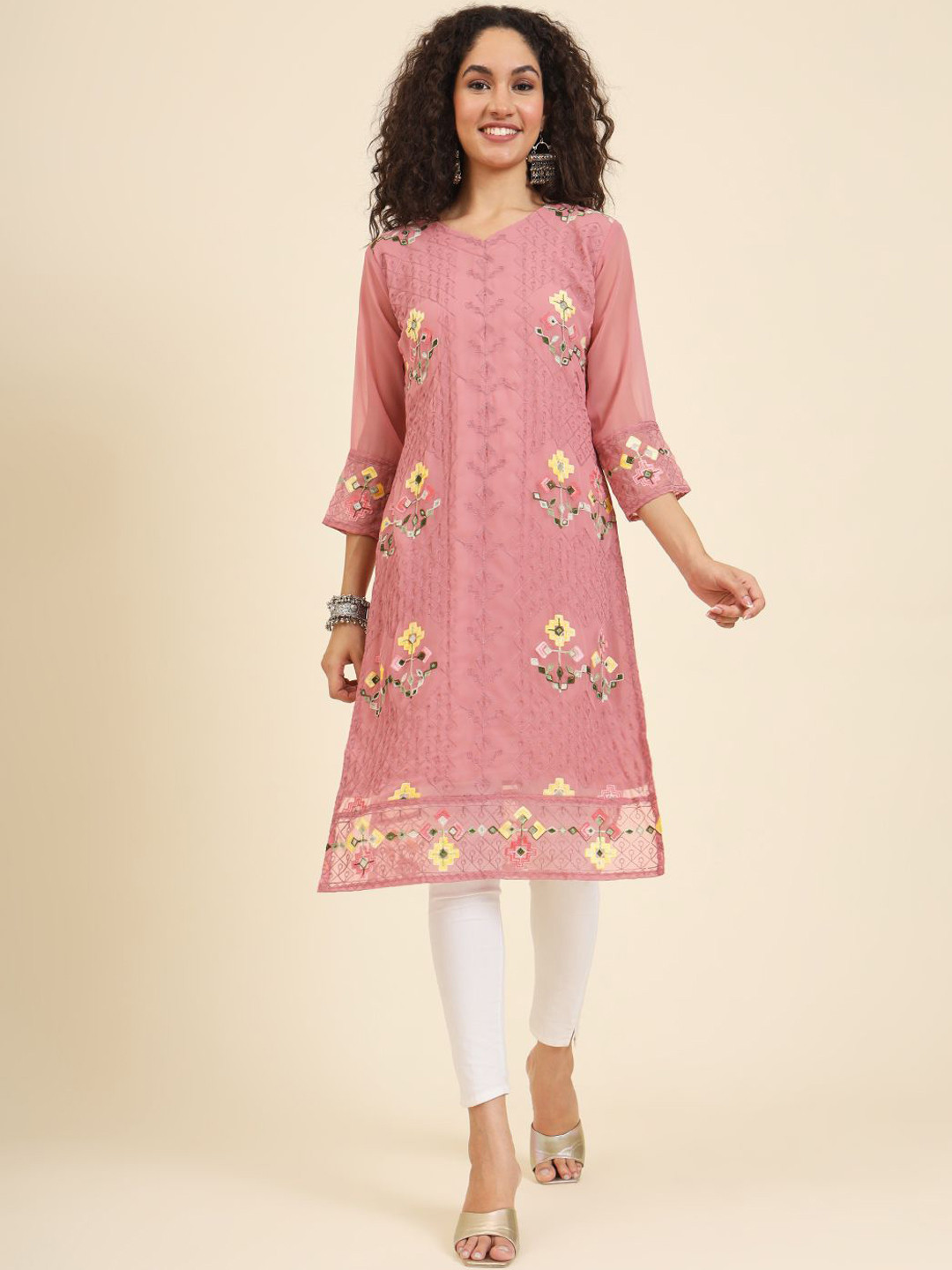 

HERE&NOW Women Floral Embroidered Thread Work Georgette Kurta, Mauve