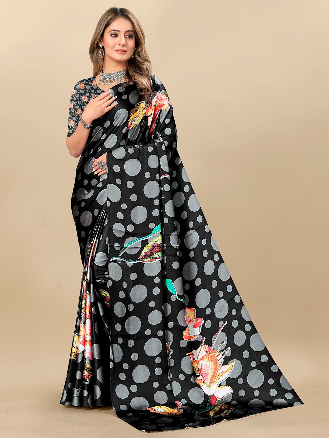 

Anouk Satin Polka Dots Printed Saree, Black