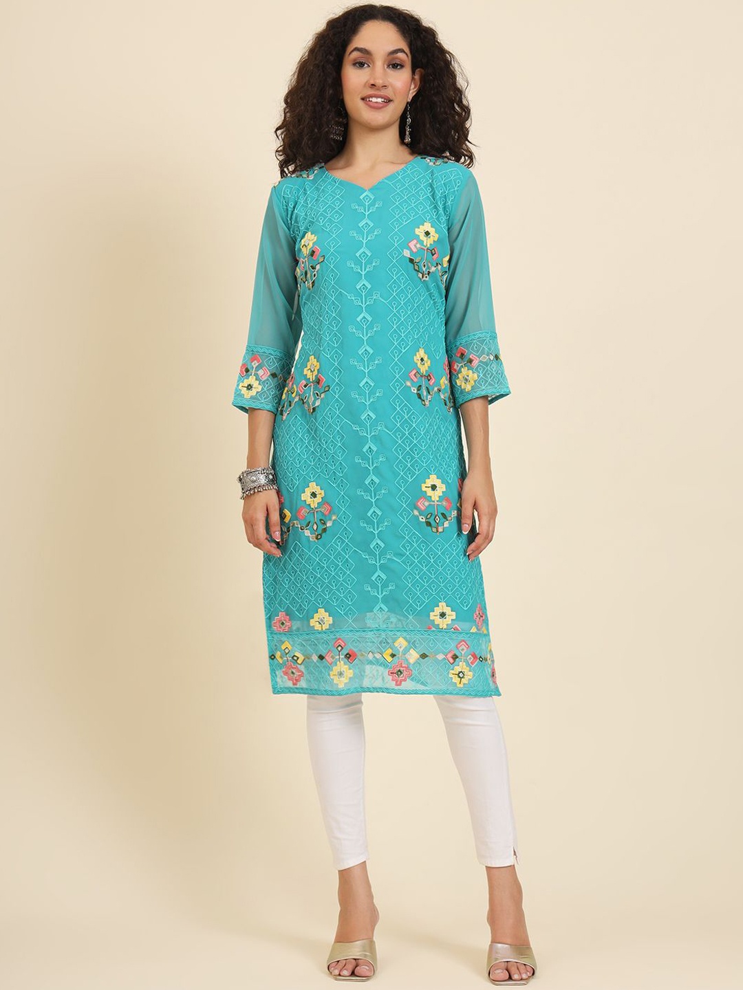 

HERE&NOW Women Floral Embroidered Thread Work Georgette Kurta, Blue