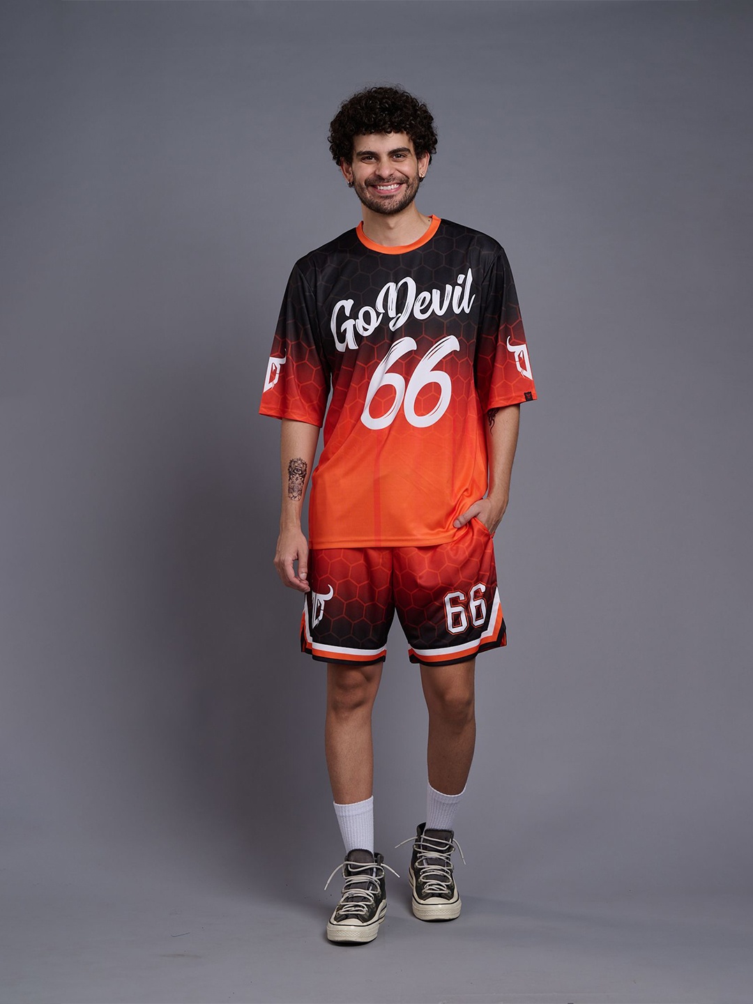 

GO DEVIL Typography Printed T-Shirt With Shorts, Orange