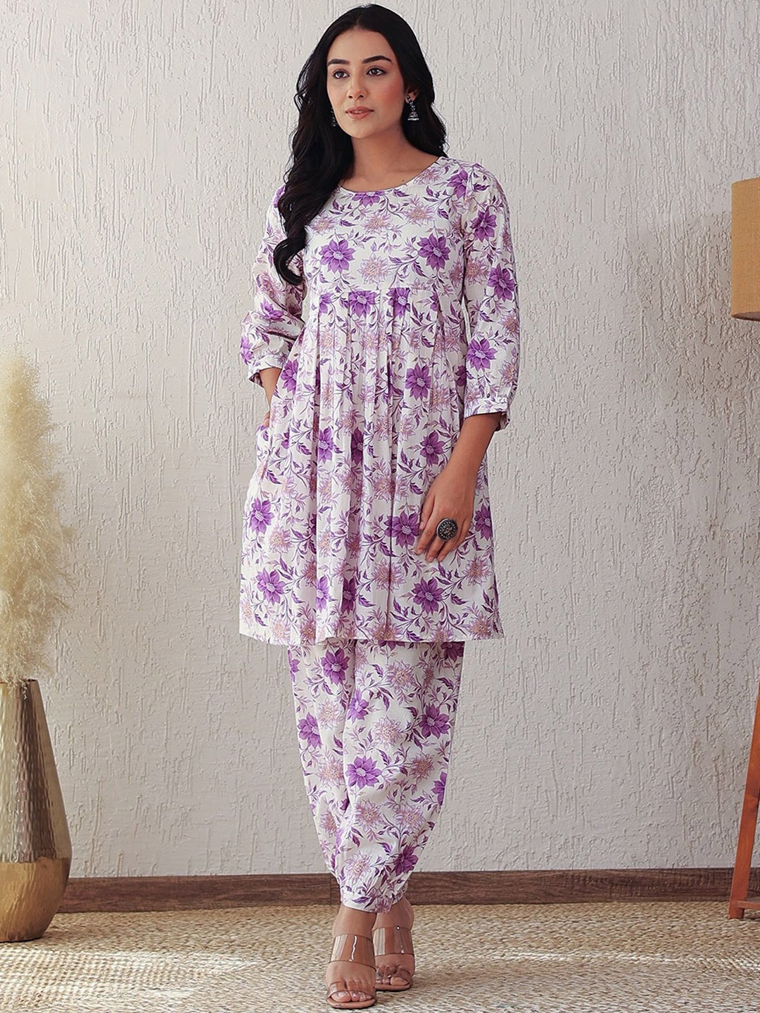 

GMI Round Neck Printed Pure Cotton Tunic With Trouser, Purple