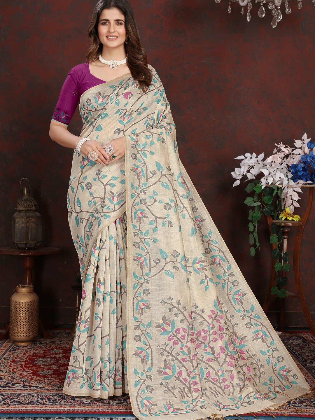 

ISHIKA FAB Woven Design Pure Cotton Jamdani Saree, Magenta