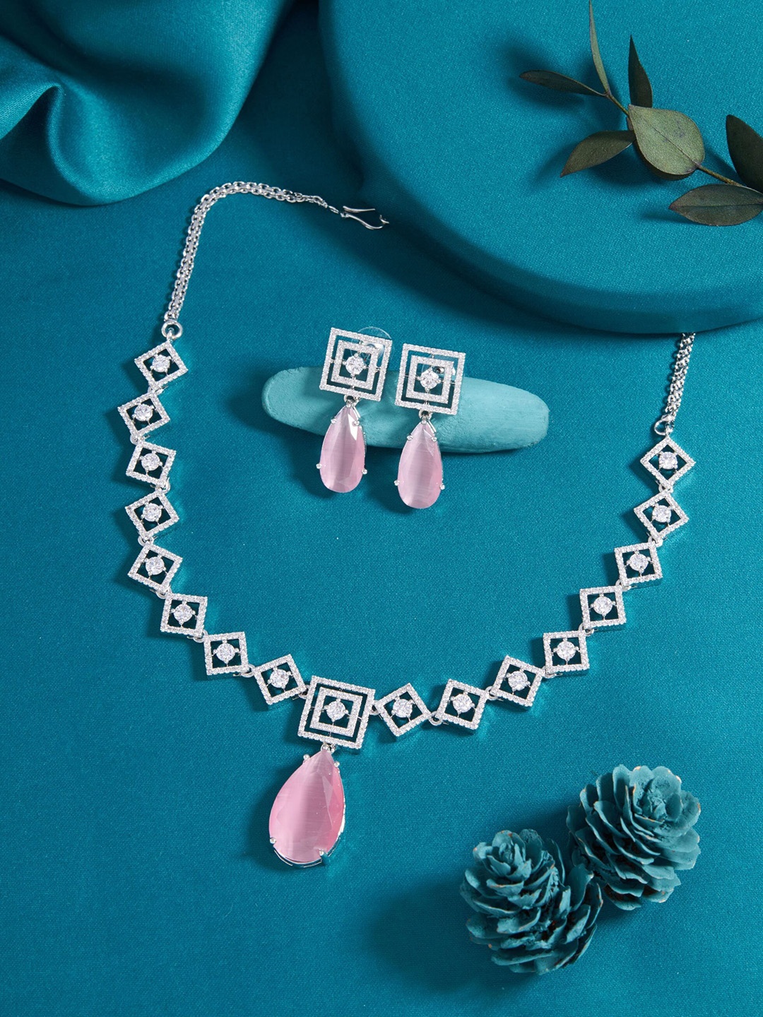 

Boghra Sales Silver-Plated American Diamond Stone-Studded Necklace and Earrings